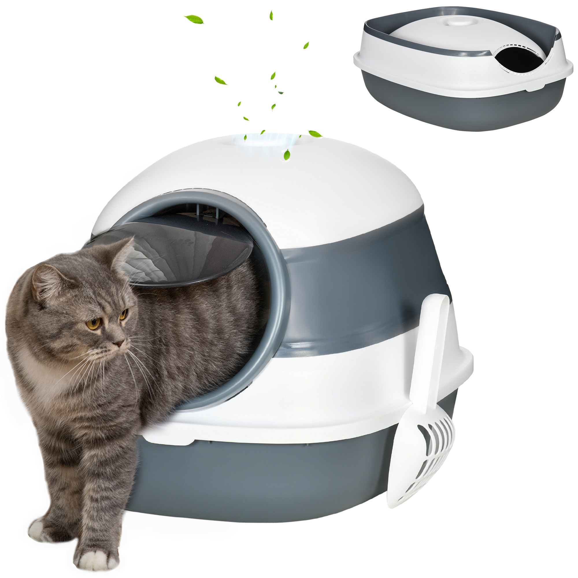 Foldable Large Cat Litter Box with Lid, Covered Kitten Litter Box w/ Automatic Cat Litter-Proof Sides, Deodorization, Easy to Clean, White and Grey