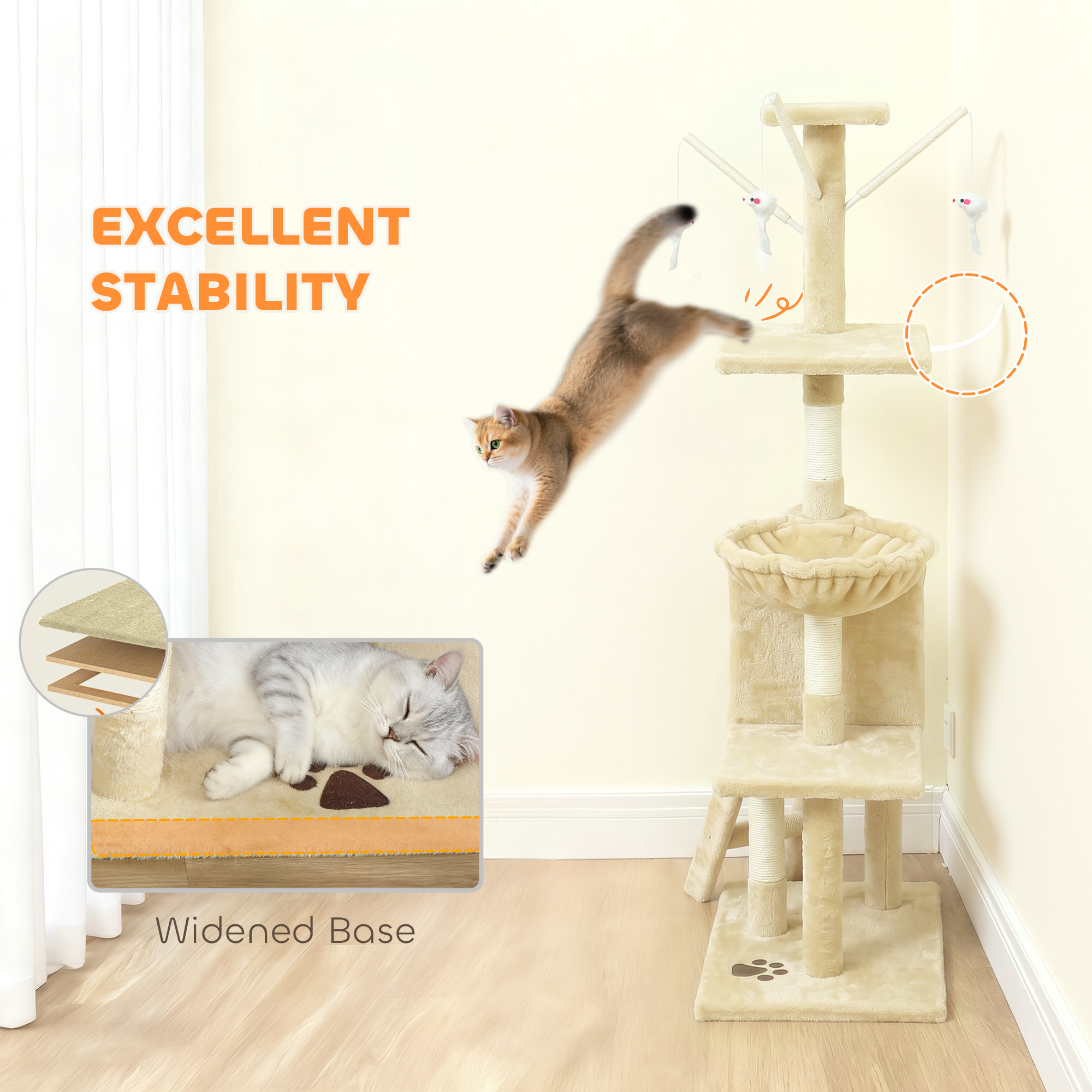 53" Cat Tree Tower, Kitten Activity Centre with Scratching Posts, Condo, Perches, Ladder, Hammock, Dangling Toys, Beige