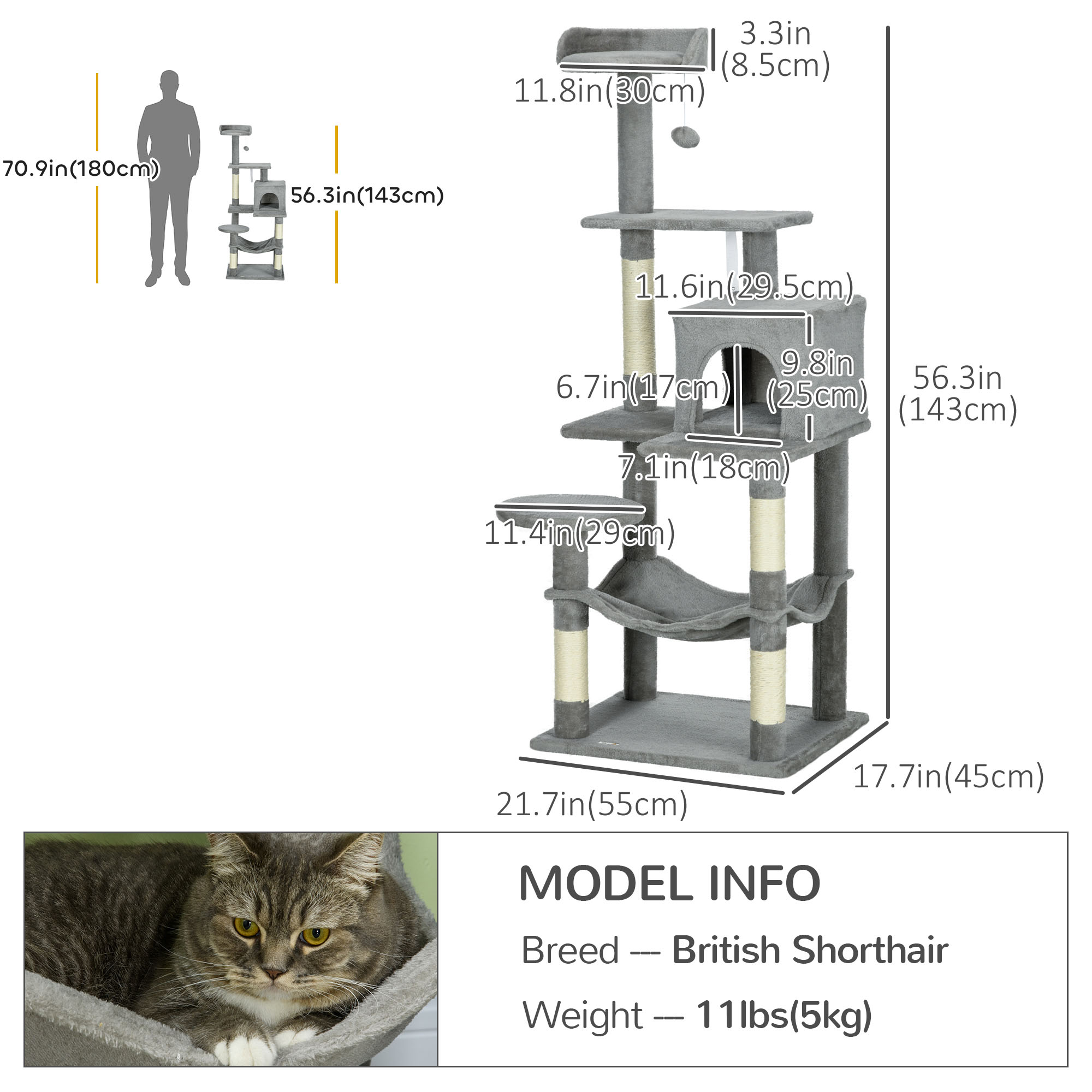 Tall Cat Tree for Indoor Cats, 56" Multi-Level Cat Tower with Hammock, Cat Bed, Cat Condo with Sisal Scratching Posts, Grey