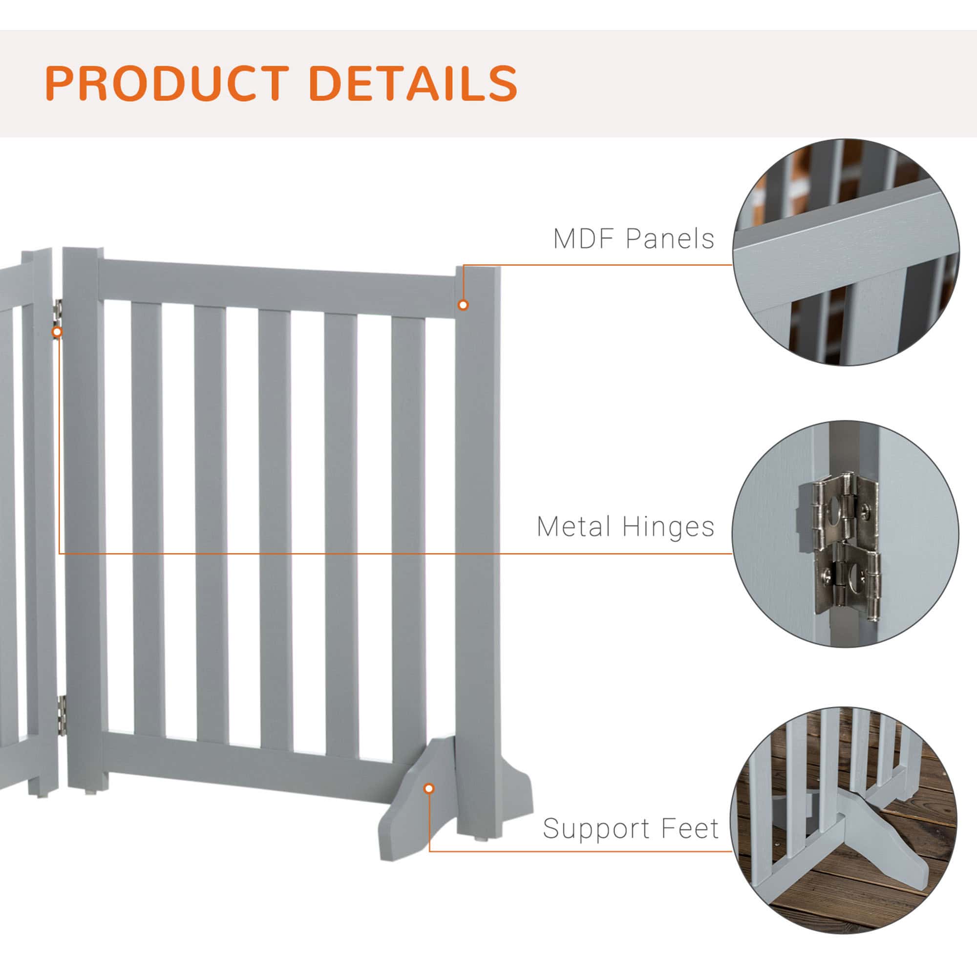 23.5"H Foldable Dog Gate with Door, 4 Panels Freestanding Pet Gate Barriers Indoor with Support Feet, Puppy Fence for Dogs, Grey - Image 7