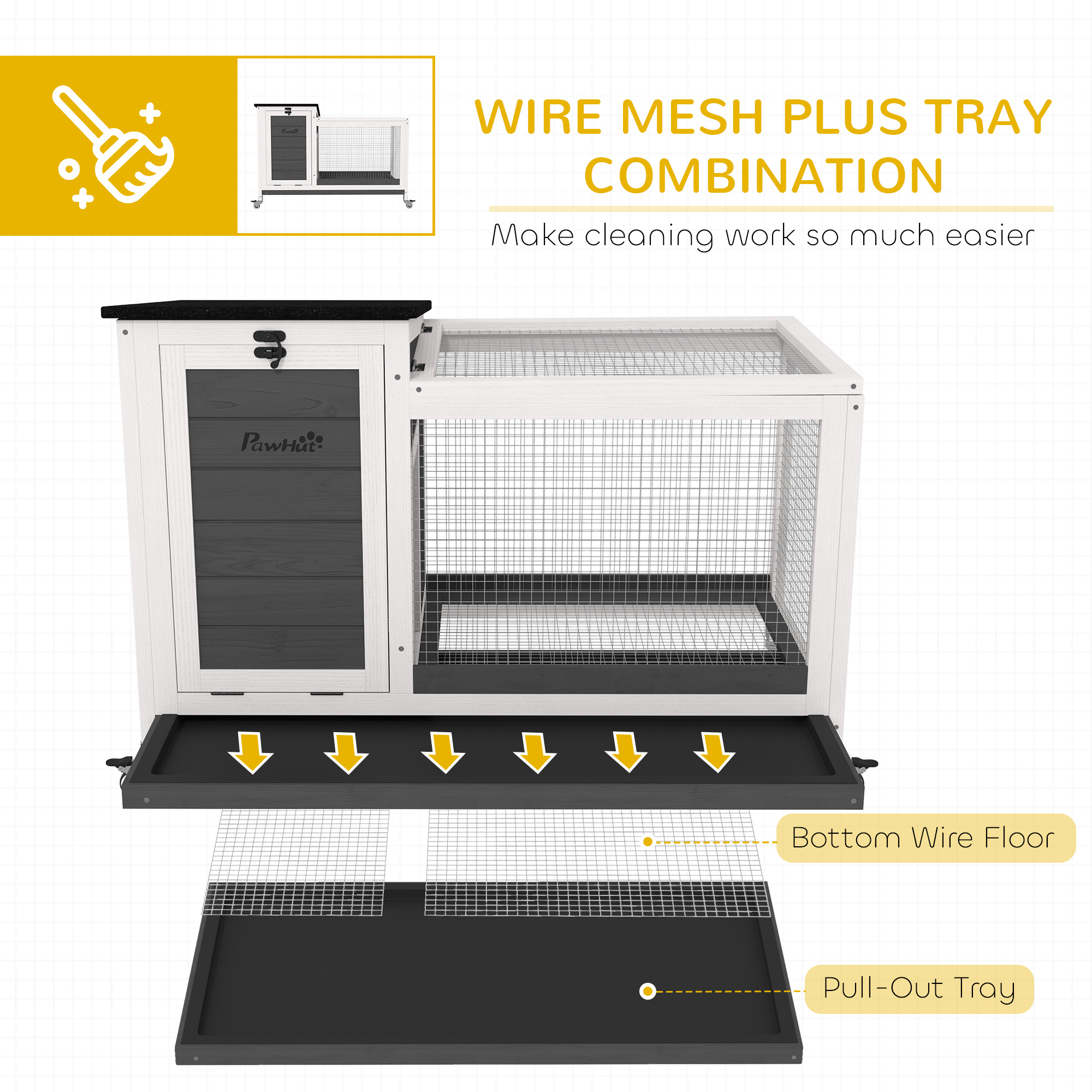 Wooden Rabbit Hutch with Pull-Out Tray, Asphalt Openable Roof, Small Animal Cage on Wheels with Run, Grey