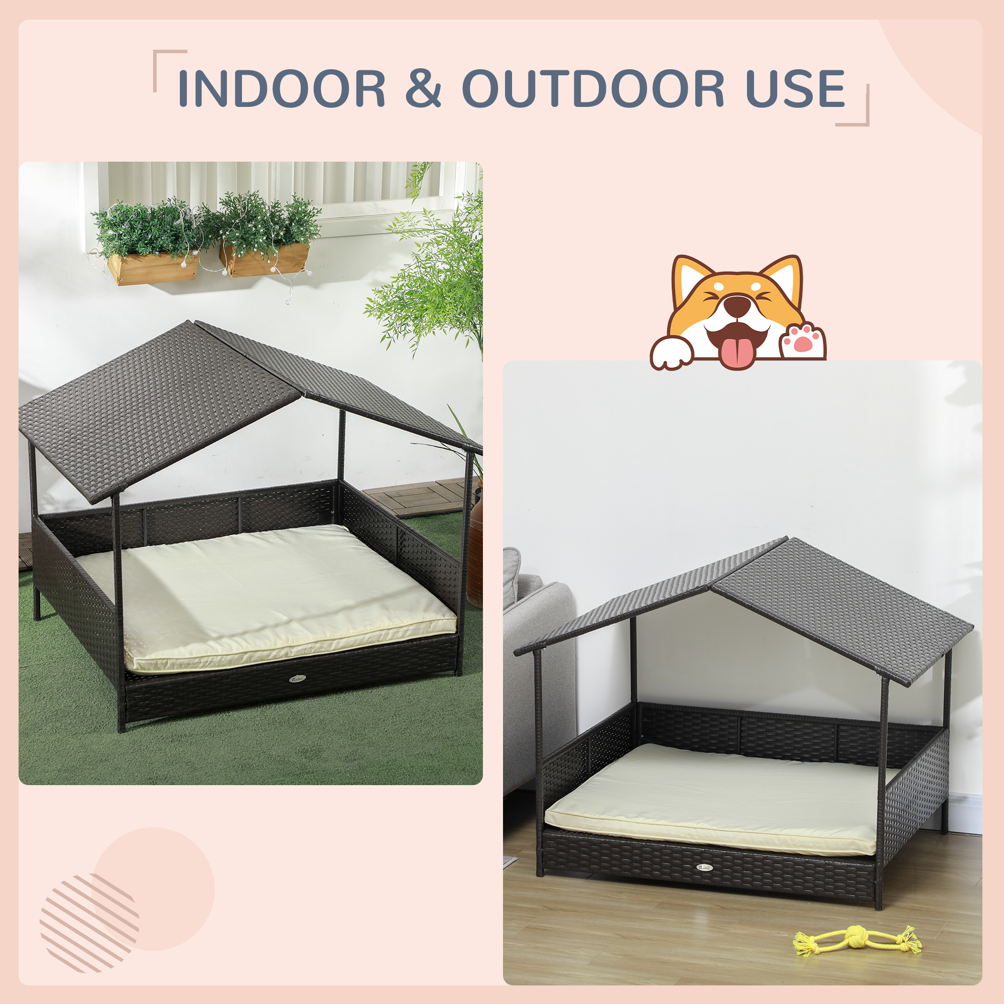 Rattan Dog House with Canopy, Wicker Dog Bed with Water-Resistant Cushion, for Small and Medium Breeds Cream White