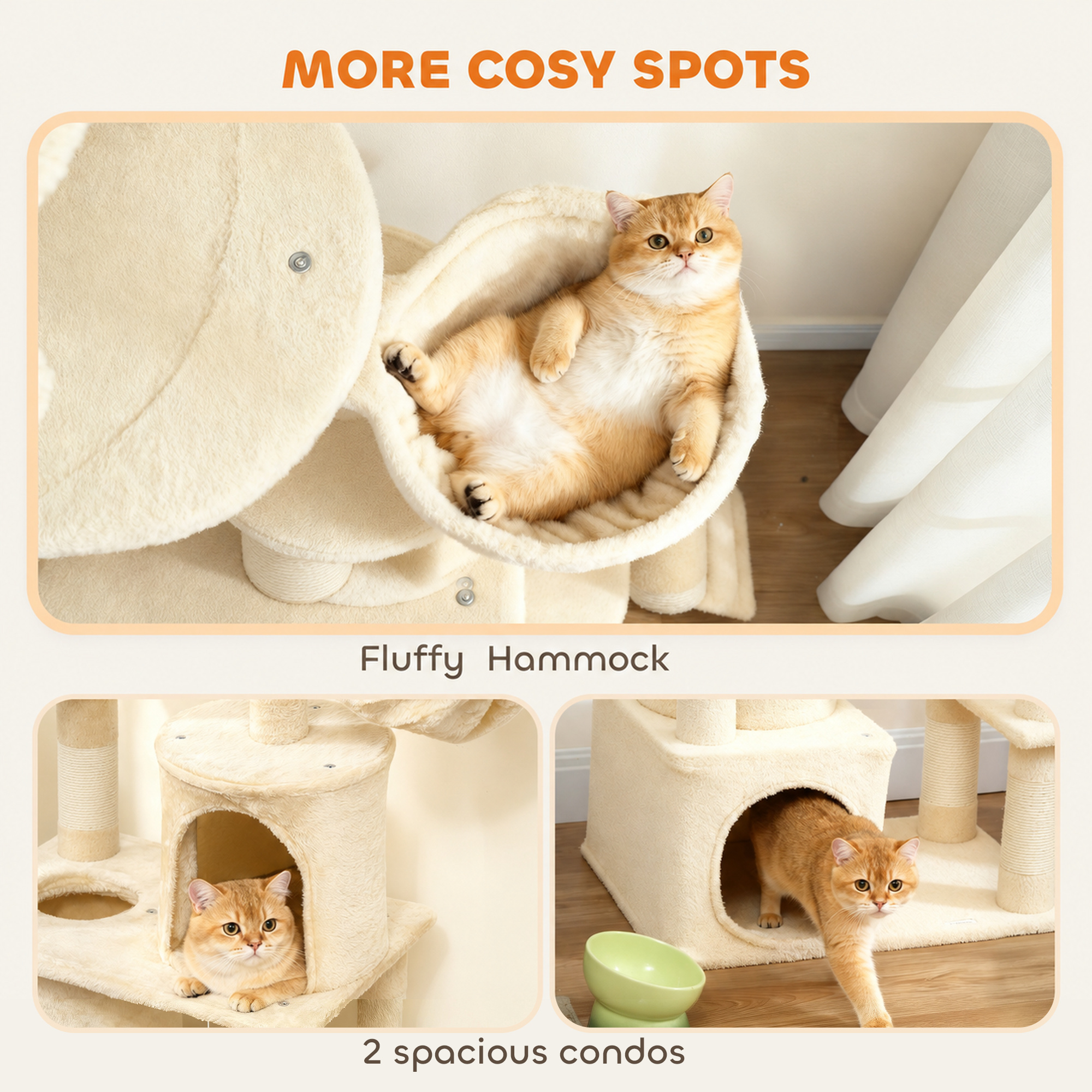 67" Large Cat Tree with 7 Scratching Posts, Tunnel, 2 Condos, Hammock, Perch, Ramp, Pompoms, Beige