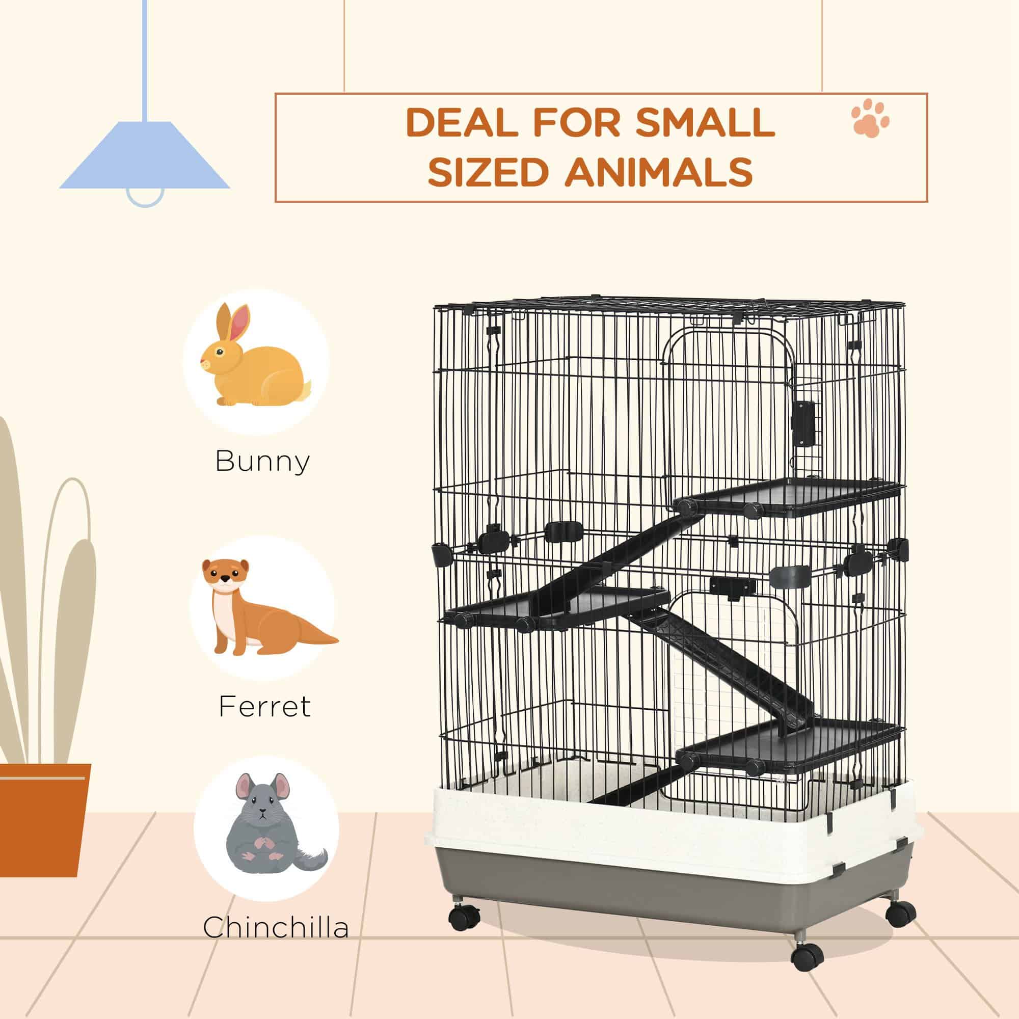 45"H Guinea Pig Cage, 4-Level Rabbit Cage for Ferret, Chinchilla, Hedghog, Bunny, Small Animal Habitat with Wheels, Slide-out Tray, Ramp, Black