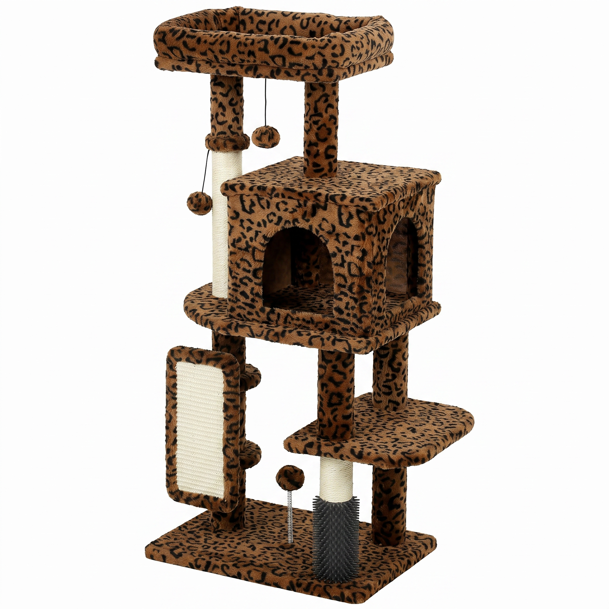 41 Inch Cat Tree with Scratching Posts, Cat Bed, Condo, Jumping Platforms, Toy Balls, Leopard Print