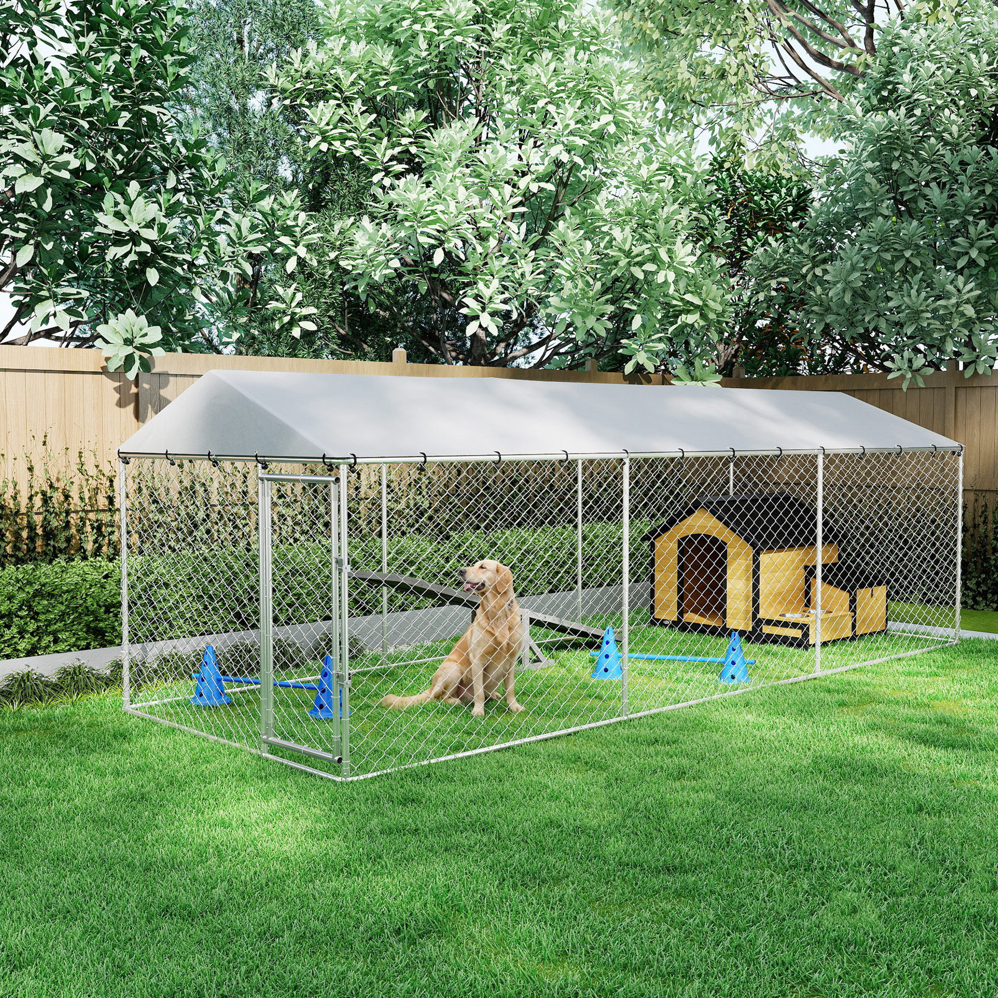19.7' x 7.5' x 6.6' Dog Kennel Outdoor for Small Medium Large Dogs with Waterproof Cover, Silver