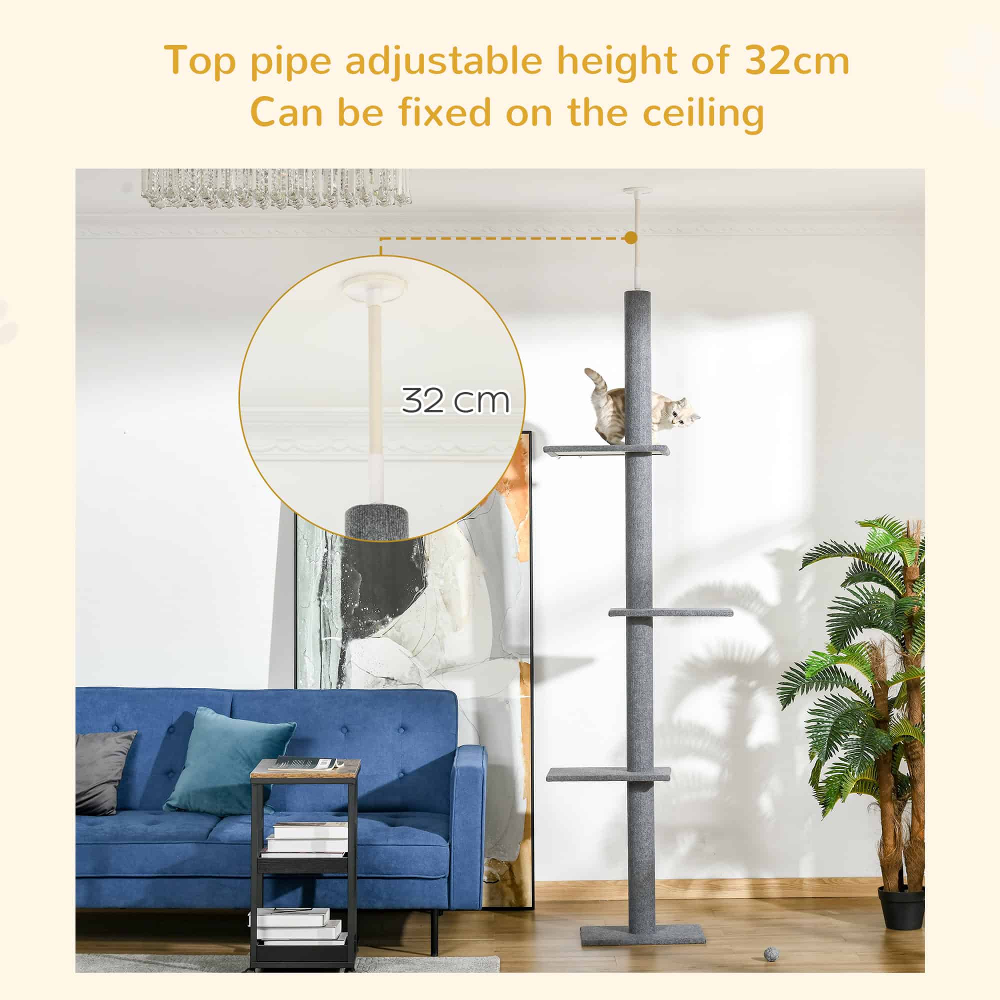 100" Floor To Ceiling Cat Tree w/ 3 Perches Activity Center for Kittens Cat Tower Furniture, Grey - Image 5