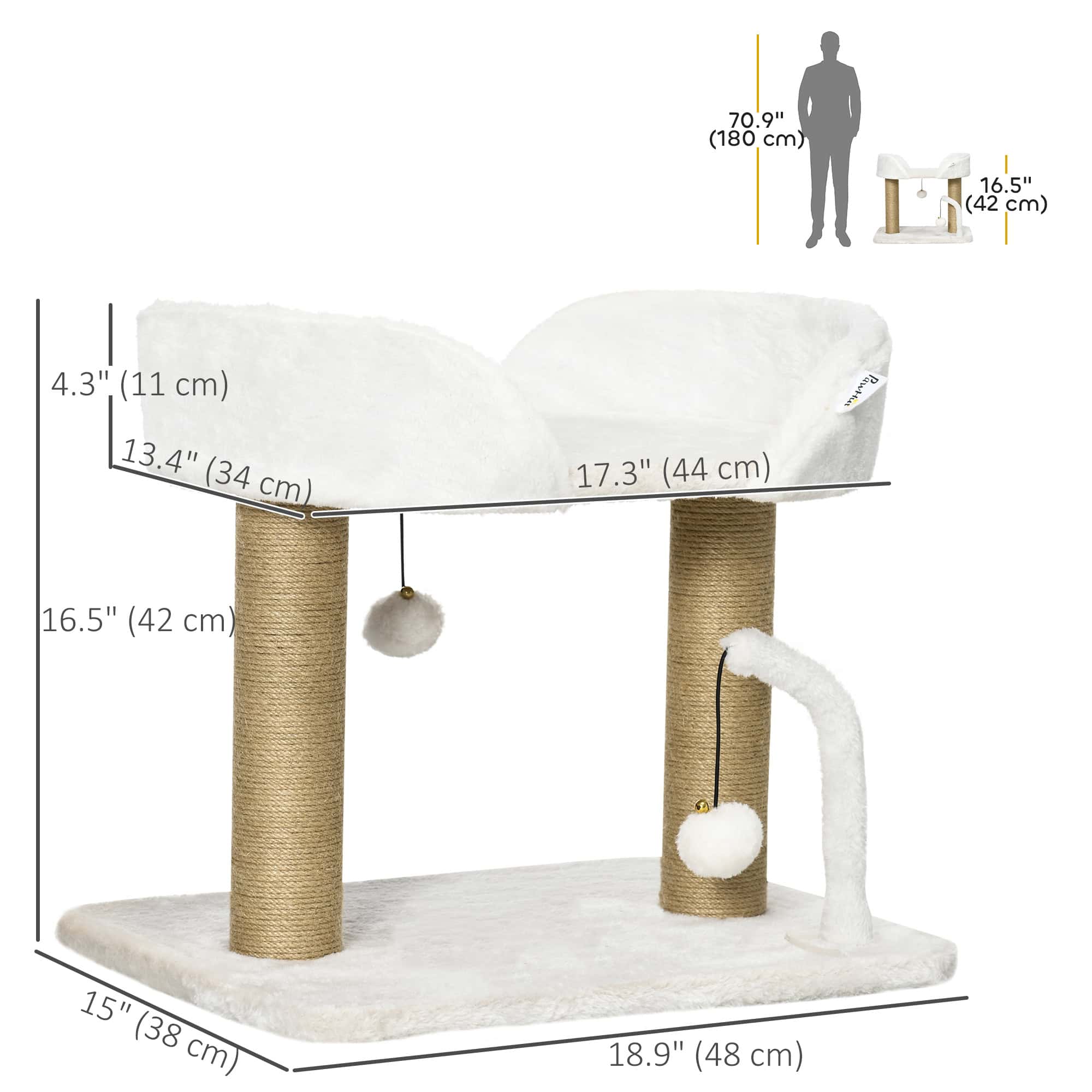 Cat Tower Condo for Indoor Cats, Small Cat Tree with Jute Scratching Posts, Top Perch, Dangling Balls, White