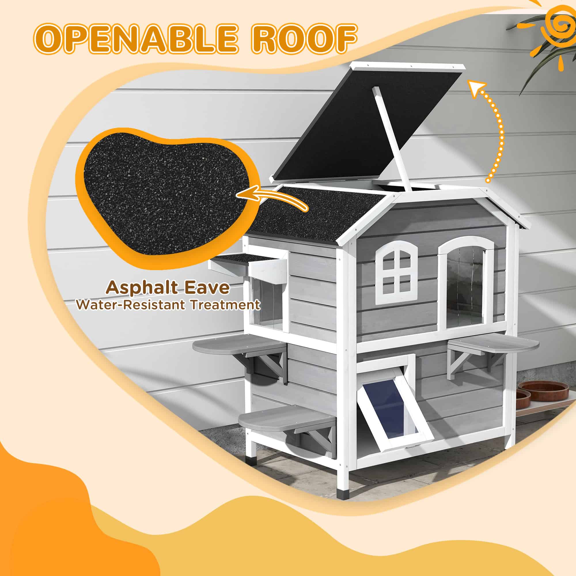2-Storey Outdoor Cat House, Wooden Catio with Openable Roof, Lounge Space, Fun Entrances, for Feral Cats, Grey