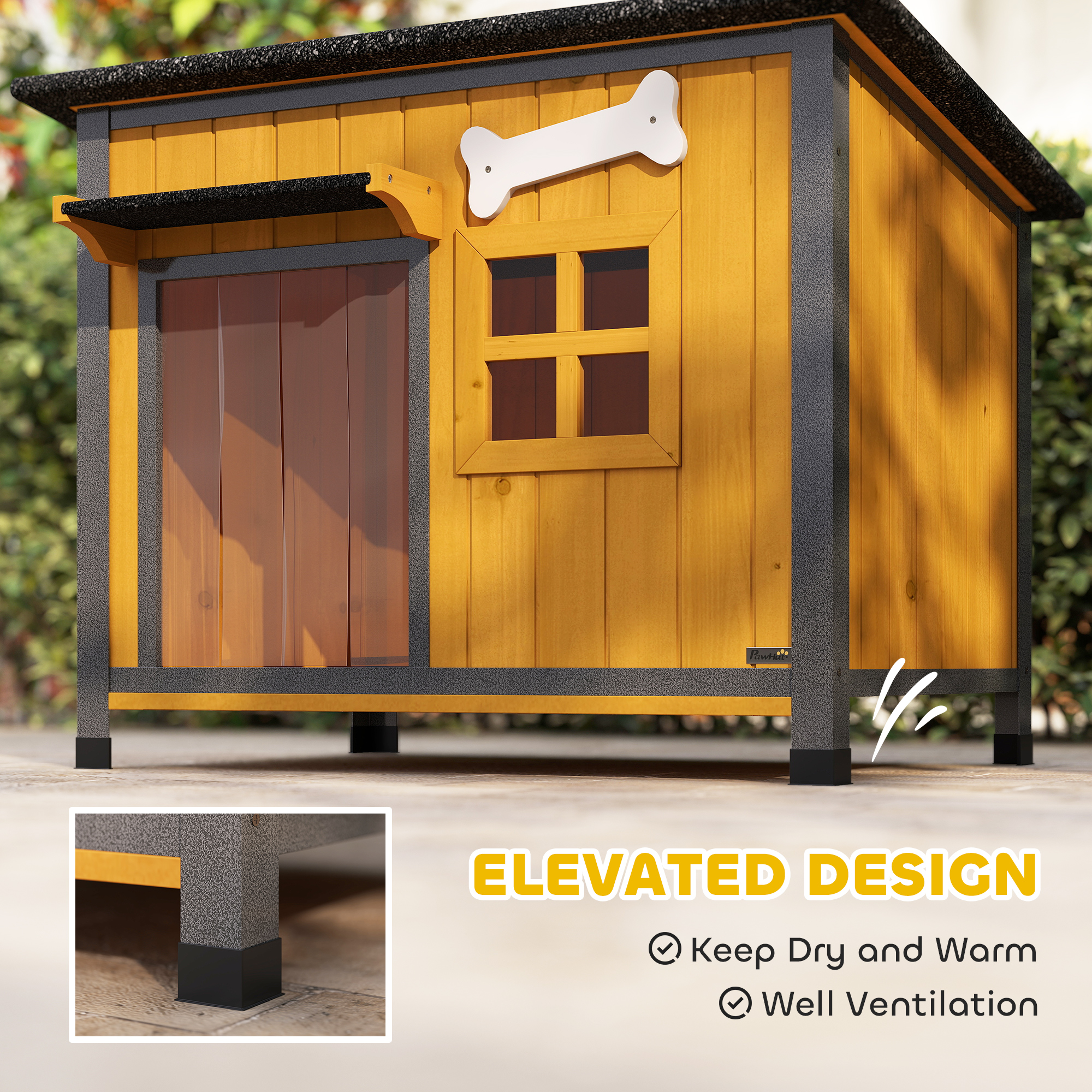 Outdoor Dog House with Anti-Chewing Steel Frame, Openable Roof, Removable Floor, Door Curtain, Yellow