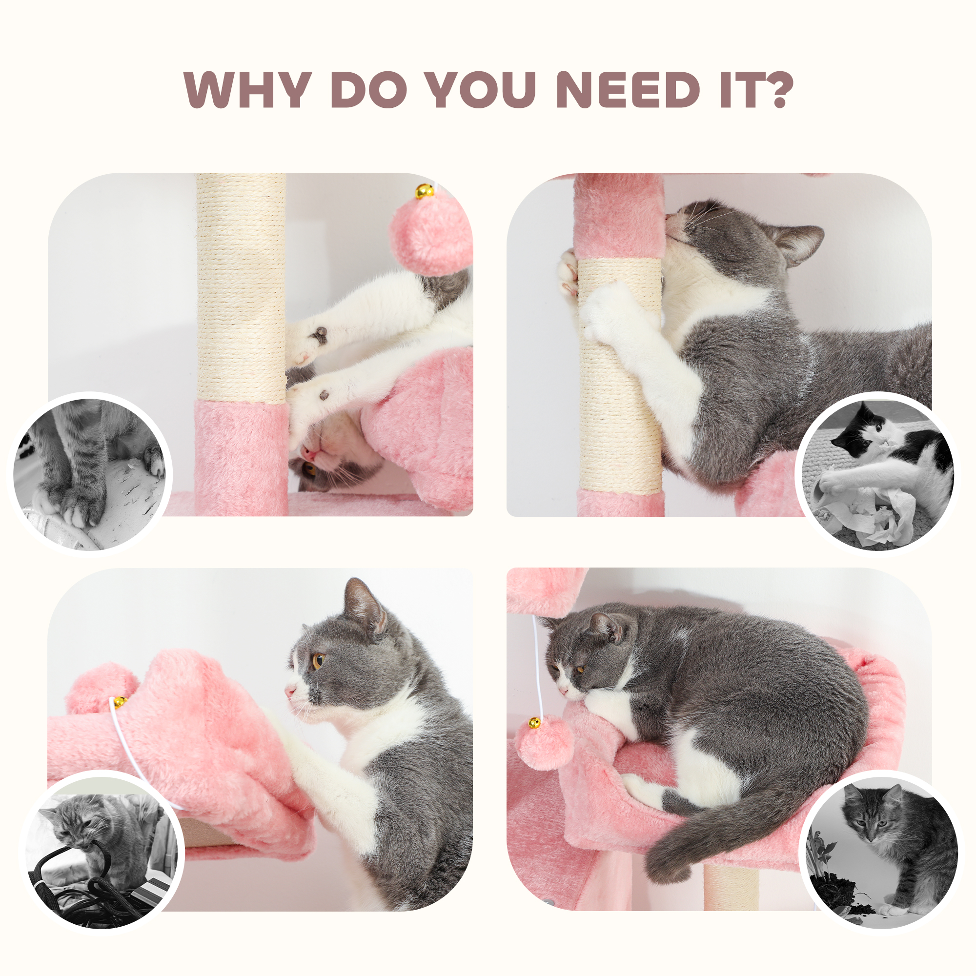Cat Tree, 70" Multi-Level Cat Tower with 2 Condos, 2 Perches, Hammock, Toy Balls, Scratching Posts and Board, Pink