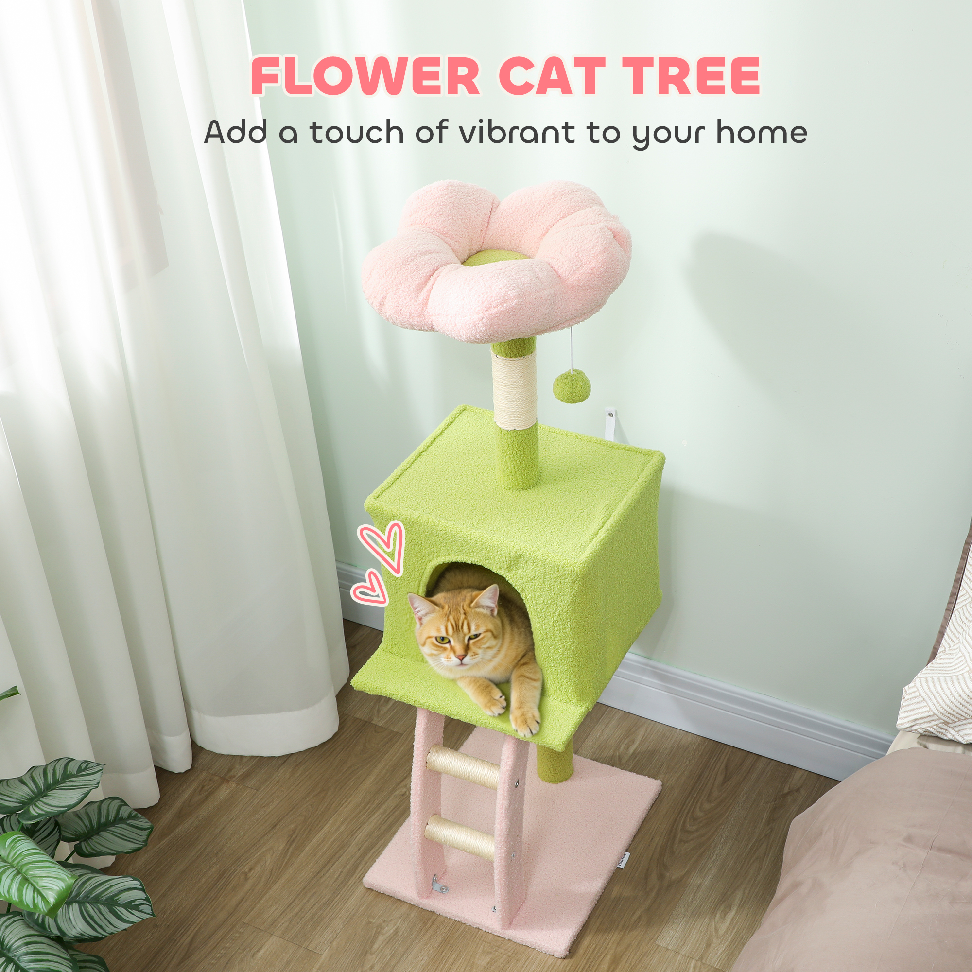 48" Flower Cat Tree with Scratching Post, Cozy Bed, Condo, Climbing Ladder, Perch, Dangling Ball, Green