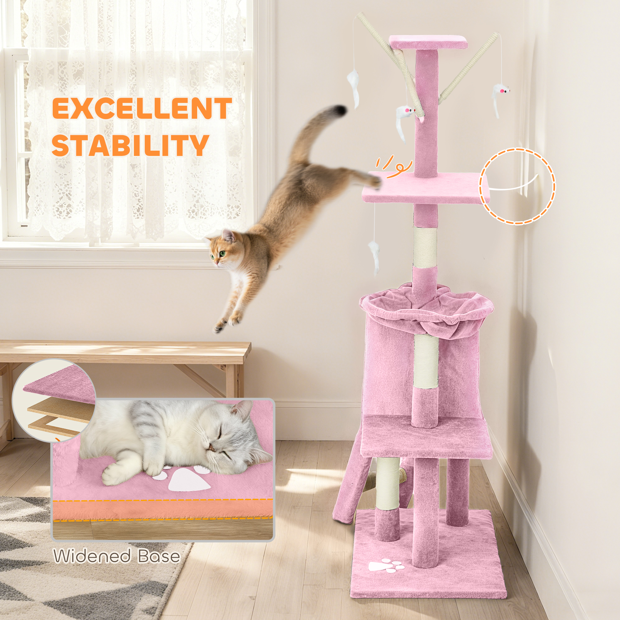 53" Cat Tree Tower, Kitten Activity Centre with Scratching Posts, Condo, Perches, Ladder, Hammock, Dangling Toys, Pink