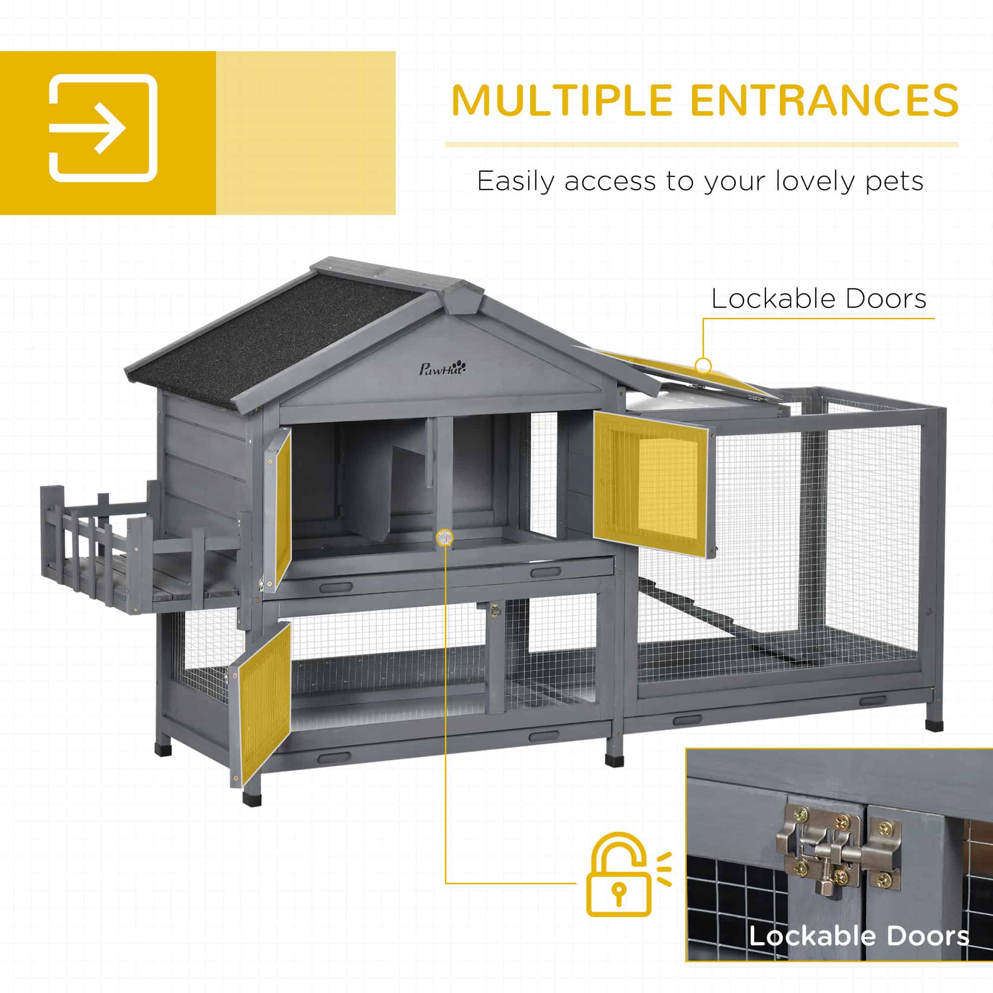 65" Wooden Rabbit Hutch, Pet Playpen with Openable Roof, Storage Box, for Rabbits and Small Animals, Dark Grey - Image 5