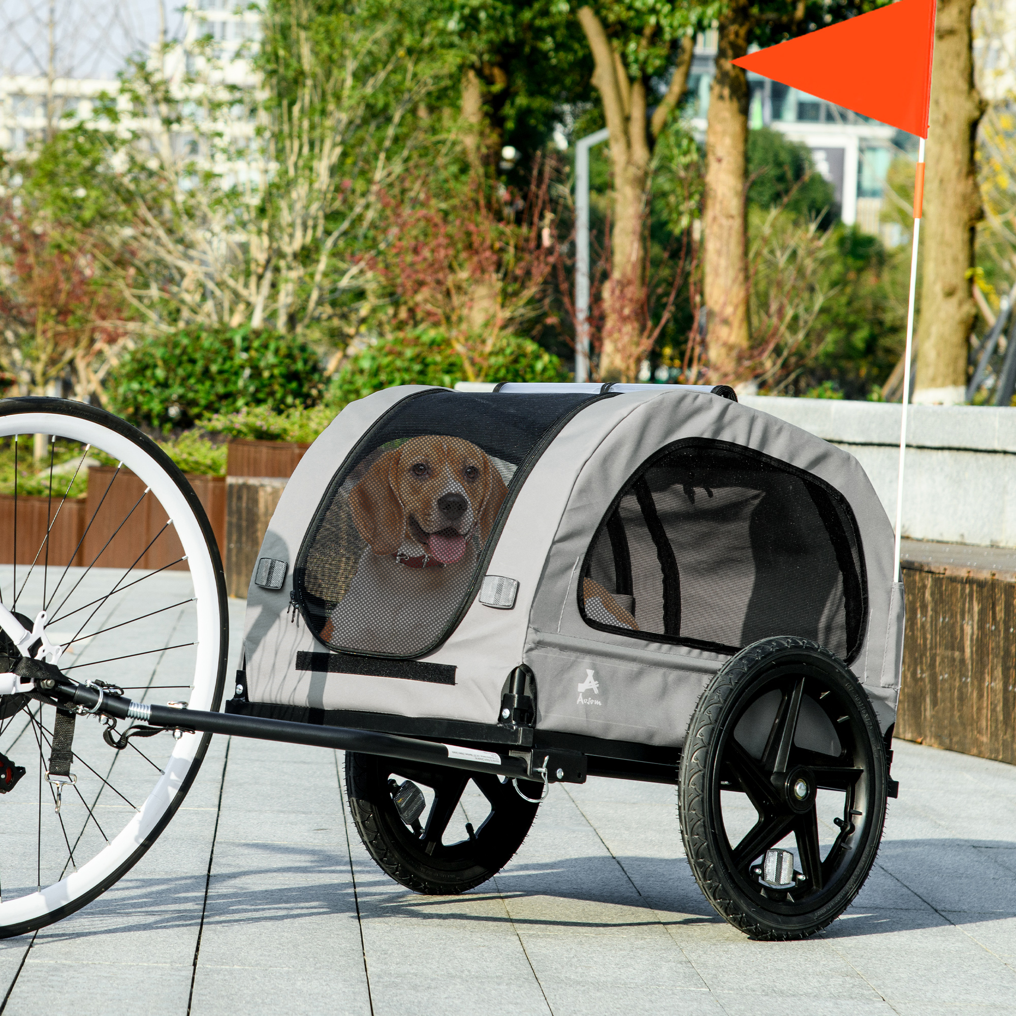 Dog Bike Trailer with Mesh Windows, Safety Leash, Safety Flag, Doors, for Small Medium Dogs Travel, Light Grey - Image 8