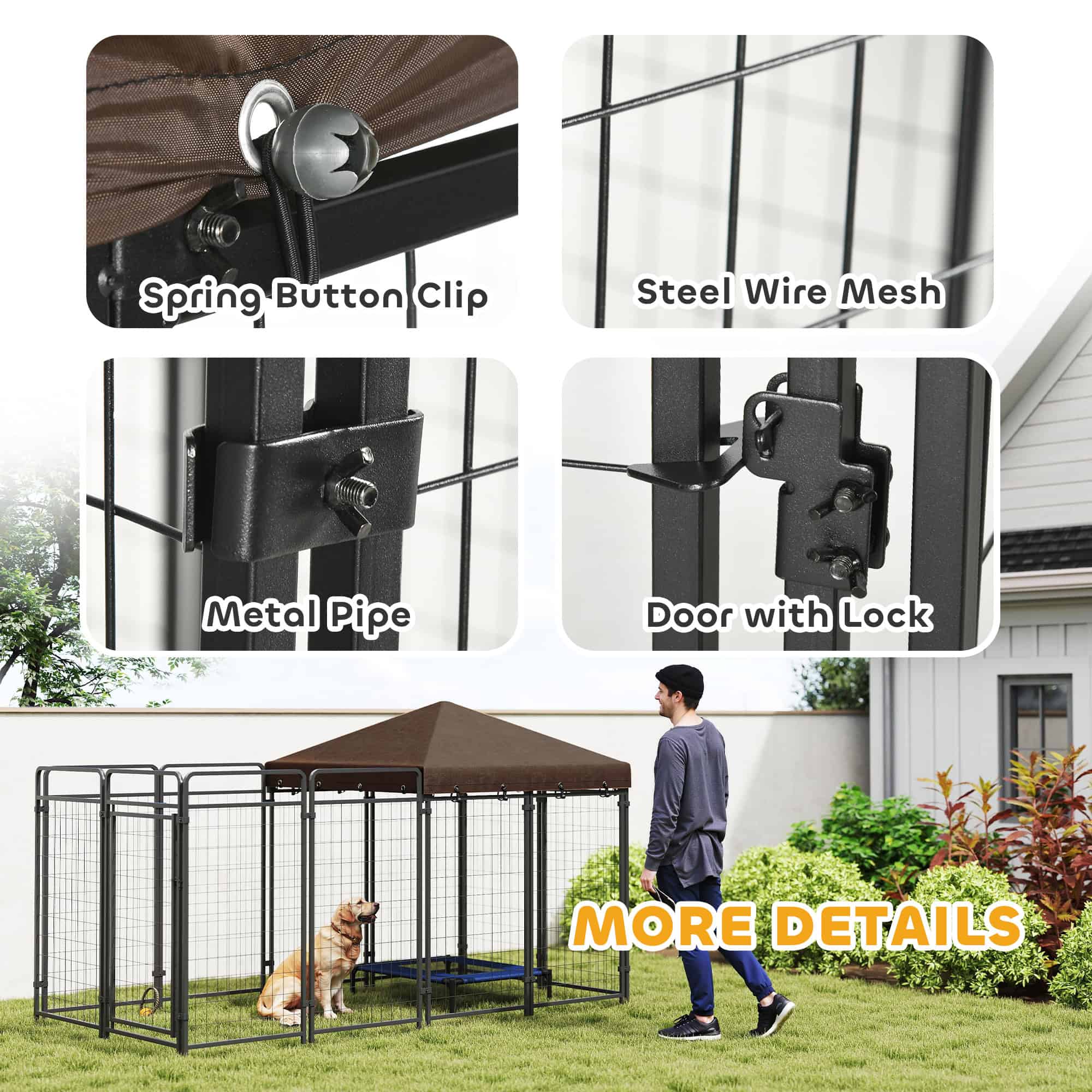Dog Kennel Outdoor with Waterproof Canopy, Dog Run with Galvanized Chain Link for Large and Medium Dogs, Black