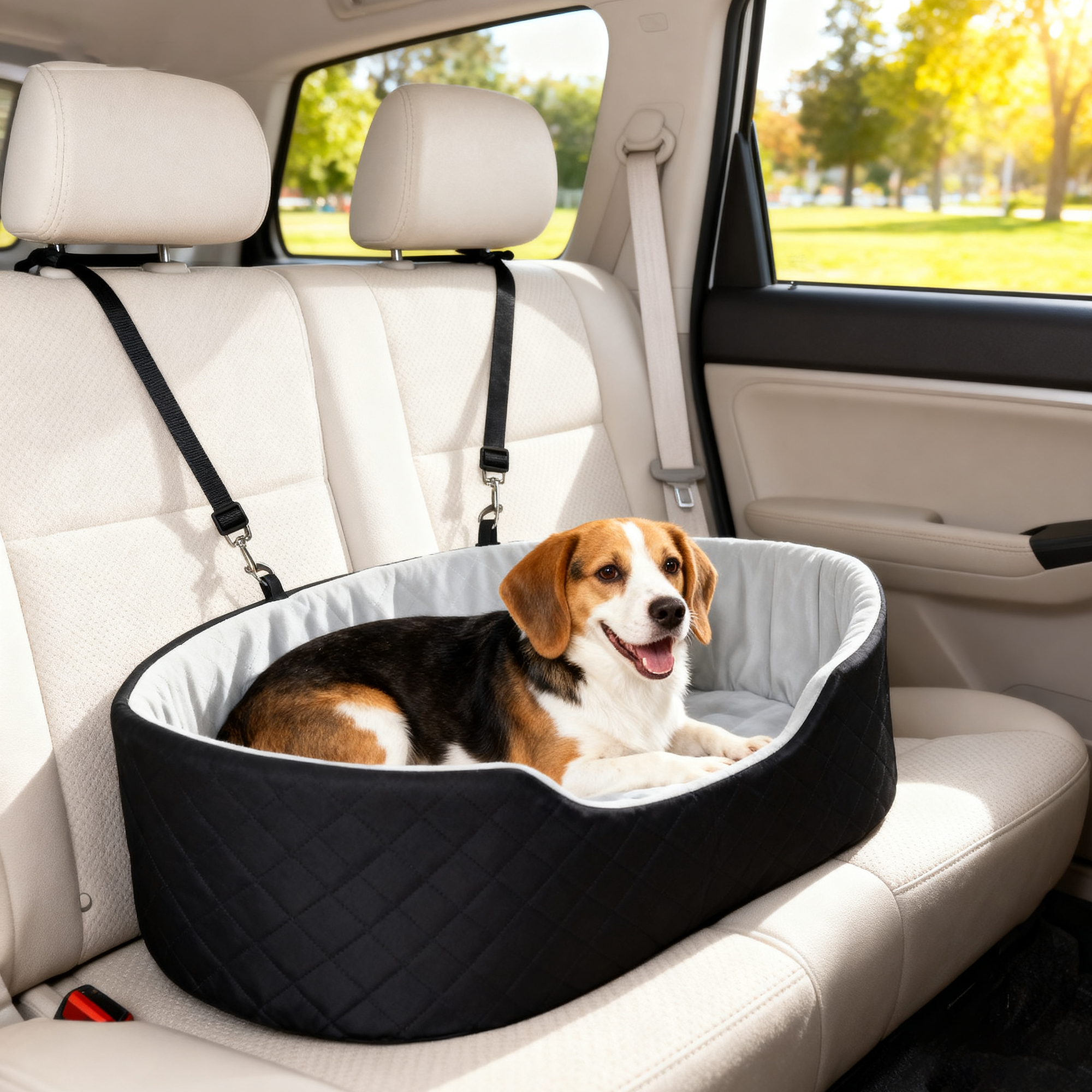 Dog Car Seat for Small Medium Pets, Detachable Washable Pet Bed with Cushion and Safety Belt for Dog Under 33lbs, Black