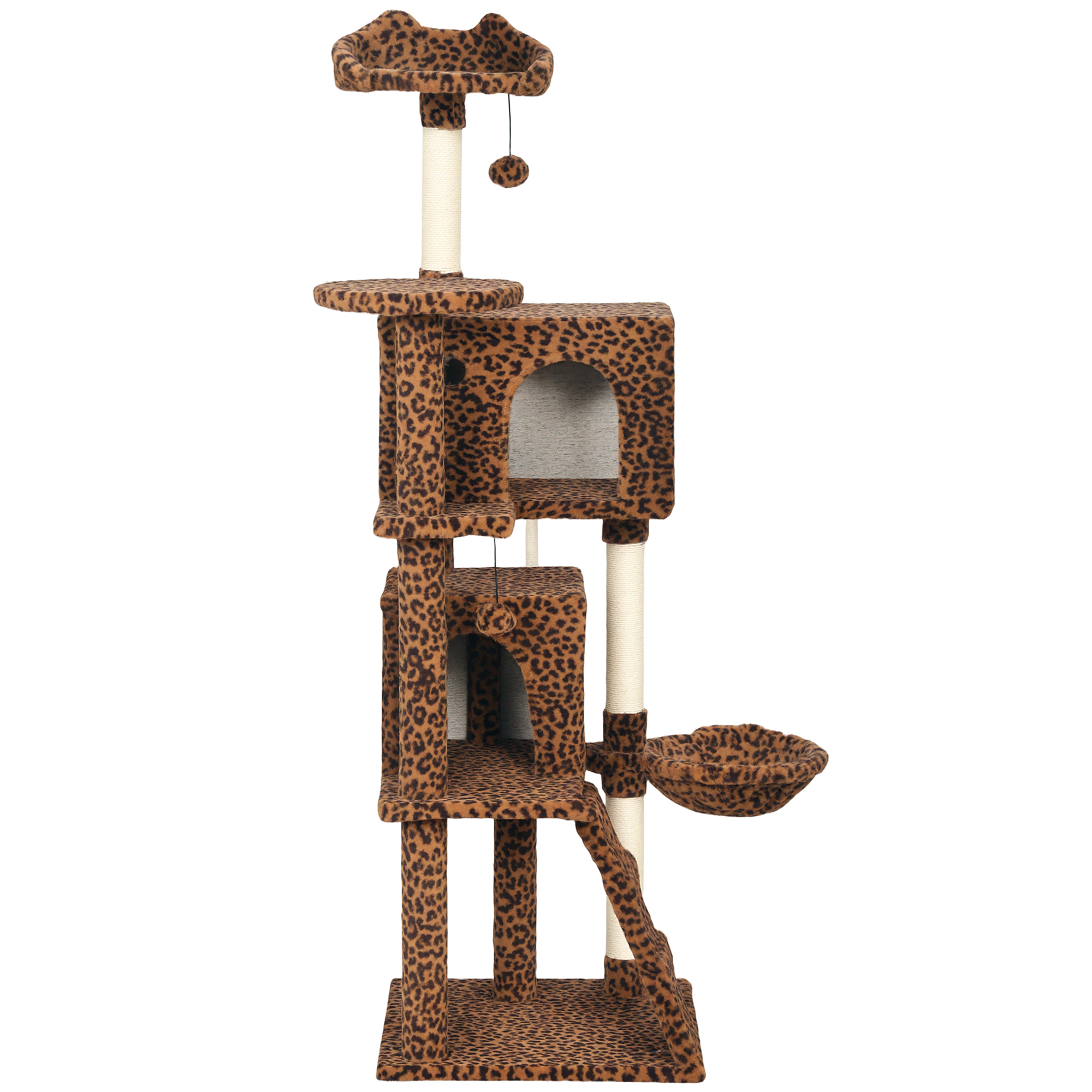 63 Inch Cat Tree with Sisal Scratching Posts, Condos, Plush Perches, Hammock, Ladder, Dangling Balls, Leopard Print