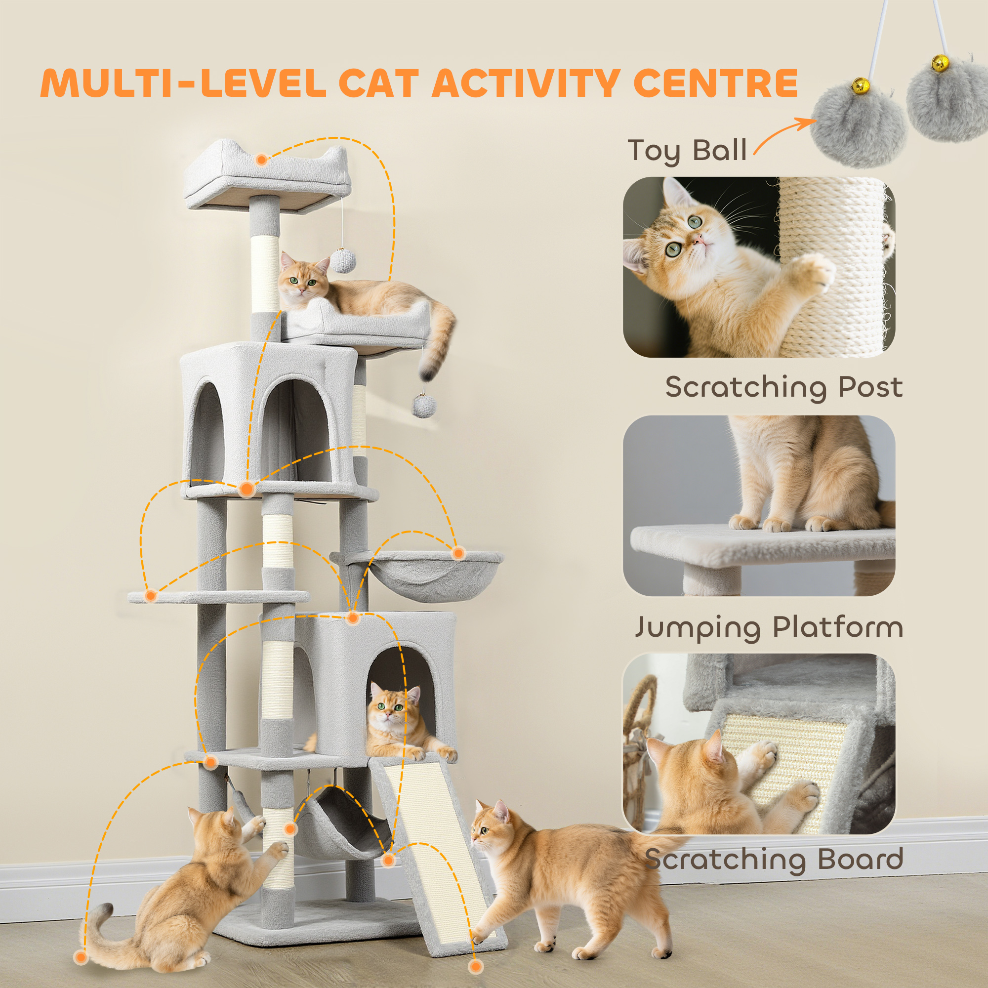 Cat Tree, 70" Multi-Level Cat Tower with 2 Condos, 2 Beds, Hammock, Toy Balls, Scratching Posts and Board, Light Grey