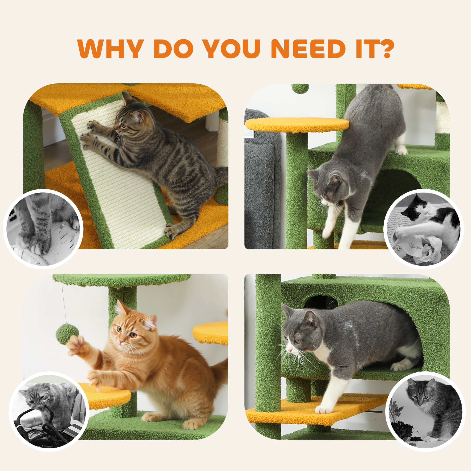 54" Cat Tree, Multi-Level Cat Tower with Scratching Posts, Cat Condos, Bed, Platforms, Ramp, Toy Ball, Green