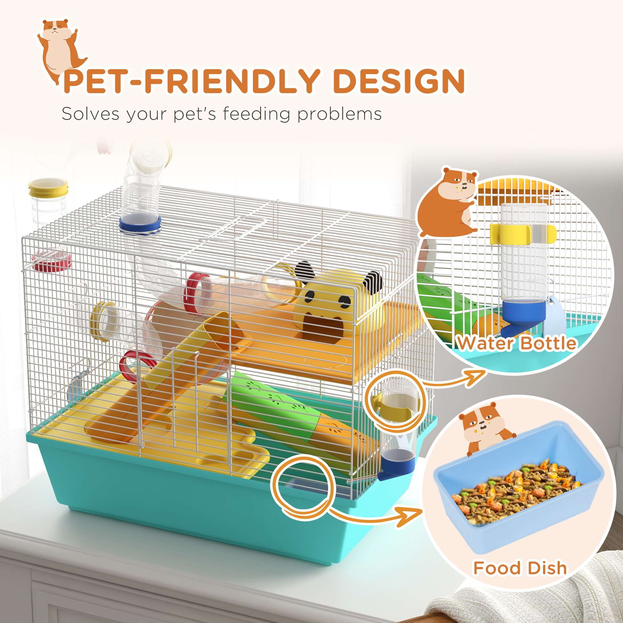 3 Tiers Hamster Cage for Gerbil, Dwarf Hamster with Tunnels, Water Bottle, Exercise Wheel, 18" x 11" x 15" - Light Blue