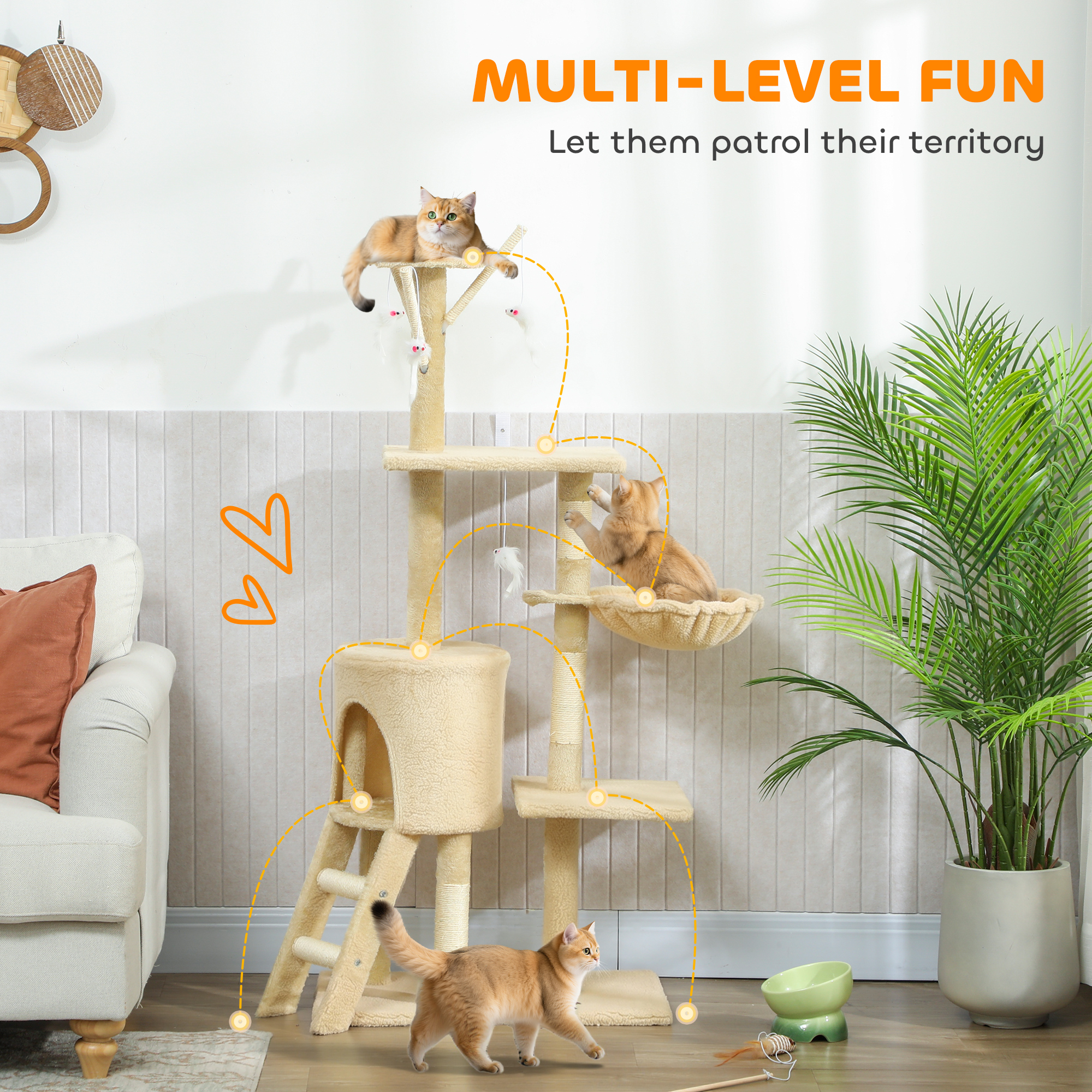 53" Cat Tree Tower, Kitten Activity Centre with Scratching Posts, Condo, Perches, Ladder, Hammock, Dangling Toys, Beige
