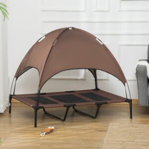 Elevated Dog Bed with Canopy, Portable Raised Dog Cot for XL Sized Dogs, Indoor & Outdoor, 48" x 36" x 43", Coffee