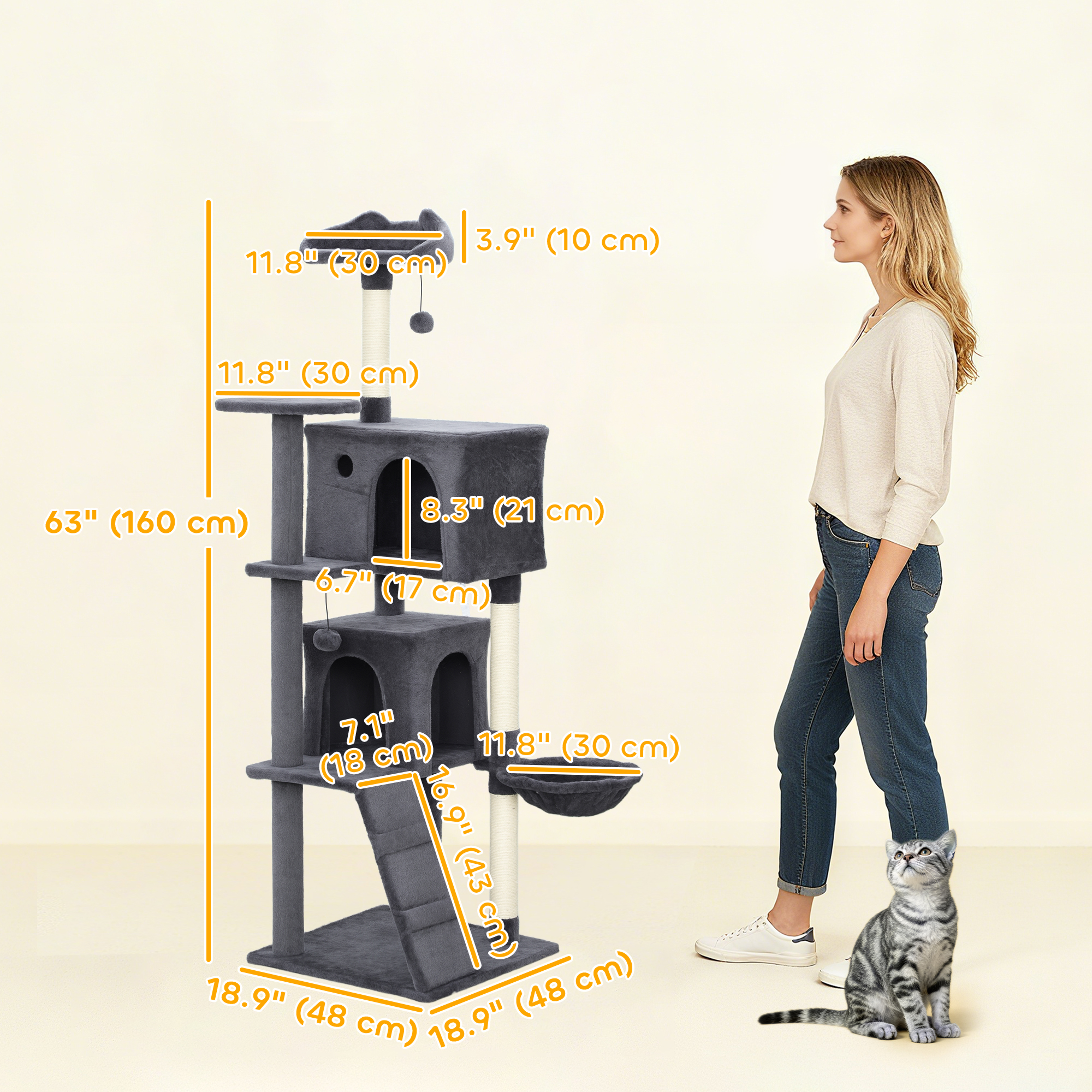 63 Inch Cat Tree with Sisal Scratching Posts, Condos, Plush Perches, Hammock, Ladder, Dangling Balls, Dark Grey - Image 3