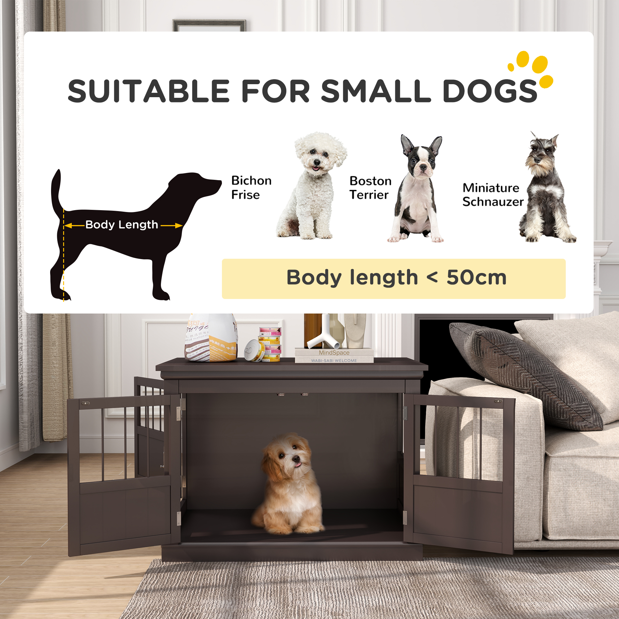 31" Dog Crate Furniture End Table with Three Doors for Small Dogs, Coffee
