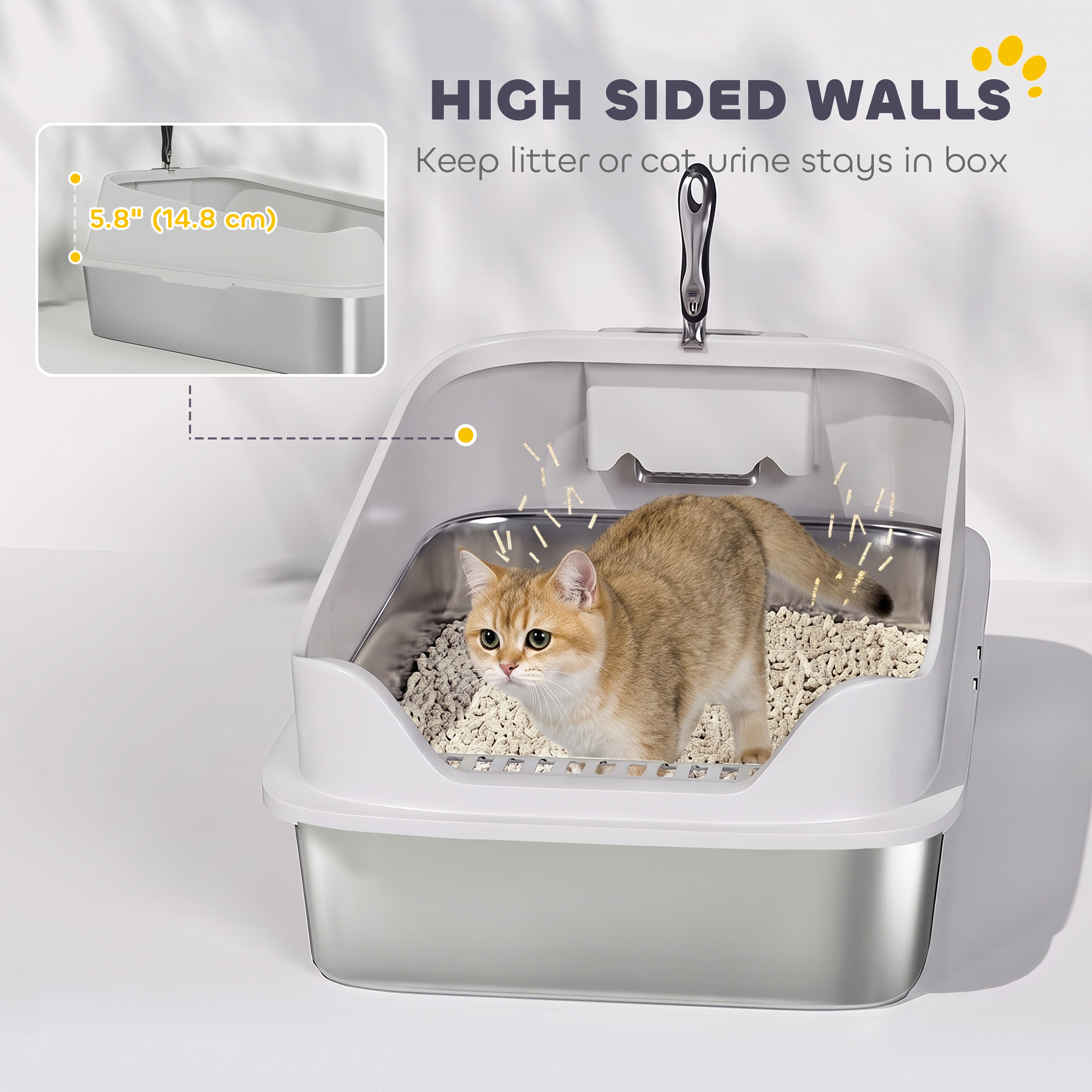 Cat Litter Box Stainless Steel with Metal Litter Scoop, Never Absorbs Odors, Anti Leakage, 24" x 16" x 12", Grey