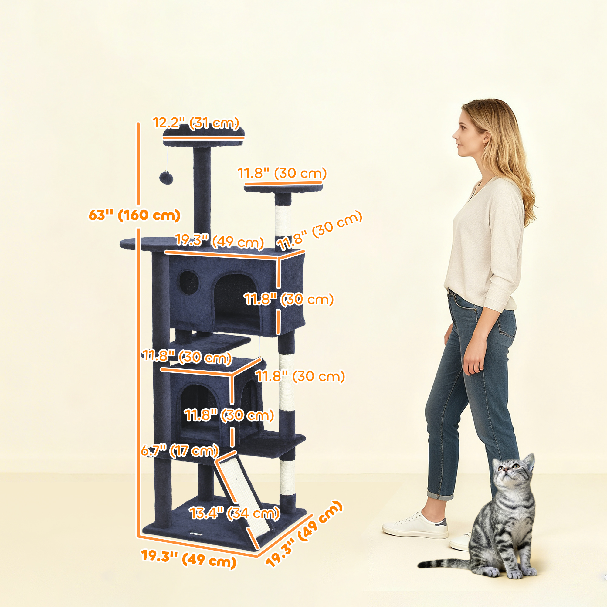 63" Cat Tree, Multi-Level Cat Tower with Scratching Posts, Cat Condos, Bed, Platforms, Ramp, Toy Ball, Dark Blue