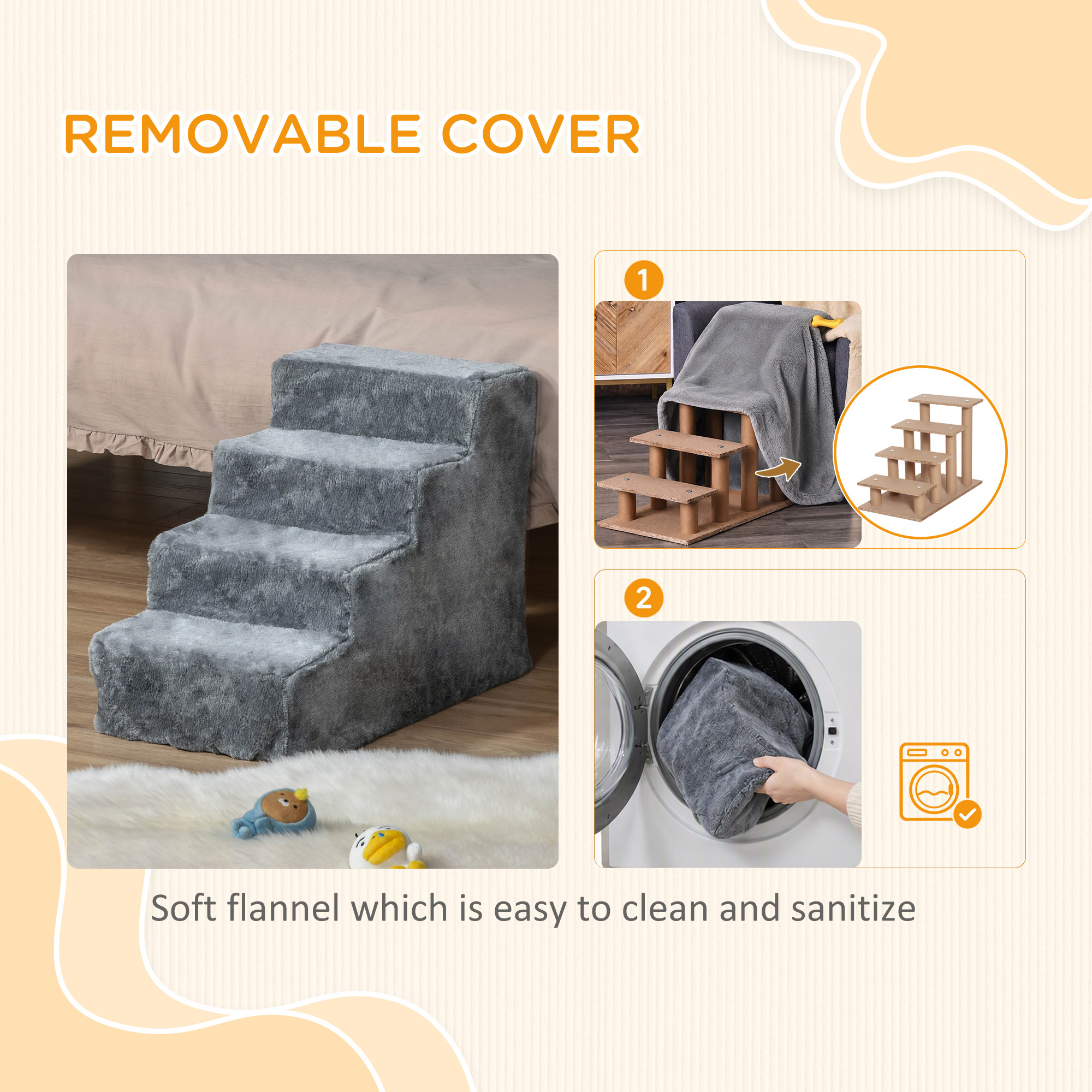 4-Step Dog Ramp for Sofa, Bed, and Couch, with Removable Cover, Light Grey