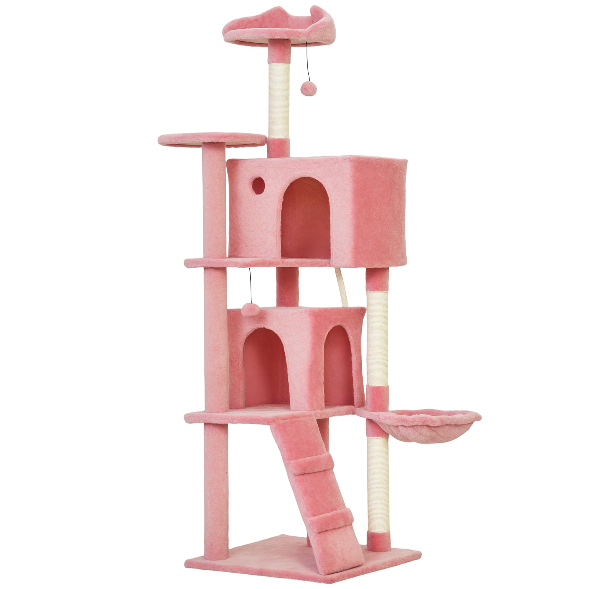 63 Inch Cat Tree with Sisal Scratching Posts, Condos, Plush Perches, Hammock, Ladder, Dangling Balls, Pink
