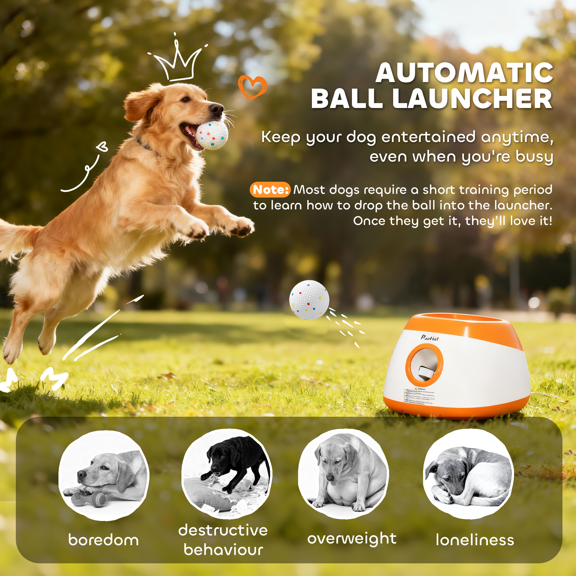 Automatic Dog Ball Launcher, Automatic Ball Launcher with 3 ETPU Balls, 26-79ft, for Medium and Large Dogs, Orange