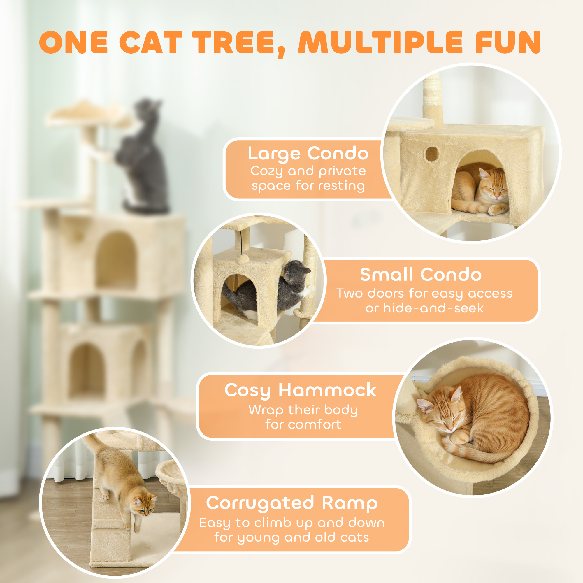 63 Inch Cat Tree with Sisal Scratching Posts, Condos, Plush Perches, Hammock, Ladder, Dangling Balls, Beige