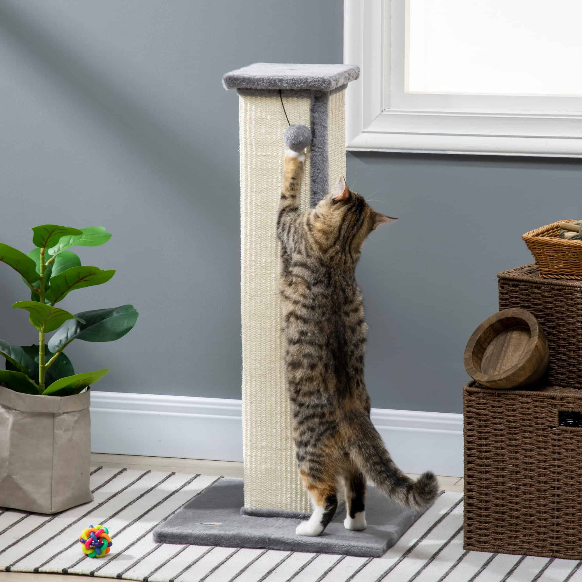 32" Tall Cat Scratching Post for Indoor Cats and Kittens, Sisal Cat Scratcher with Hanging Ball Soft Plush, Grey