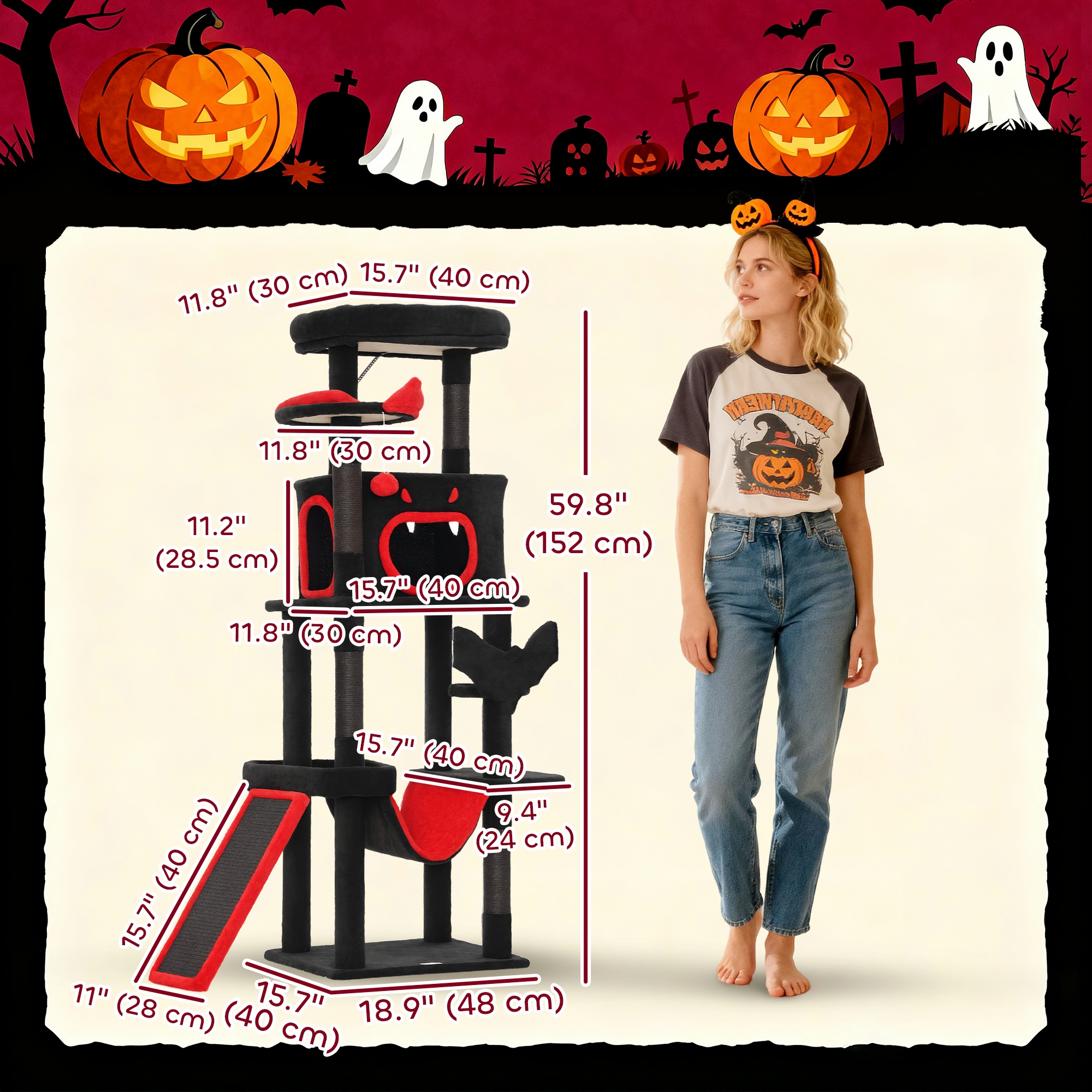 Gothic Cat Tree, 60" Tall Cat Tower with Coffin Bed, Sisal Scratching Posts & Ramp, Condo, Hammock, Perches, Black