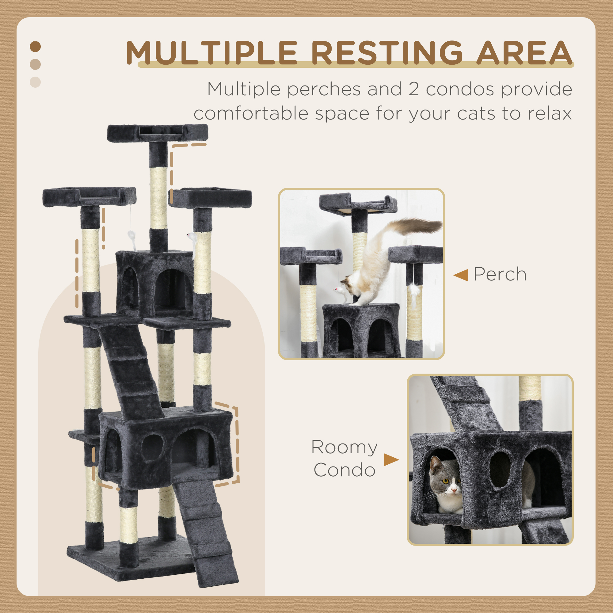68-inch Multi-Level Cat Scratching Tree Kitty Activity Center Post Tower Condo Pet Furniture w/ Toy Charcoal Grey - Image 6