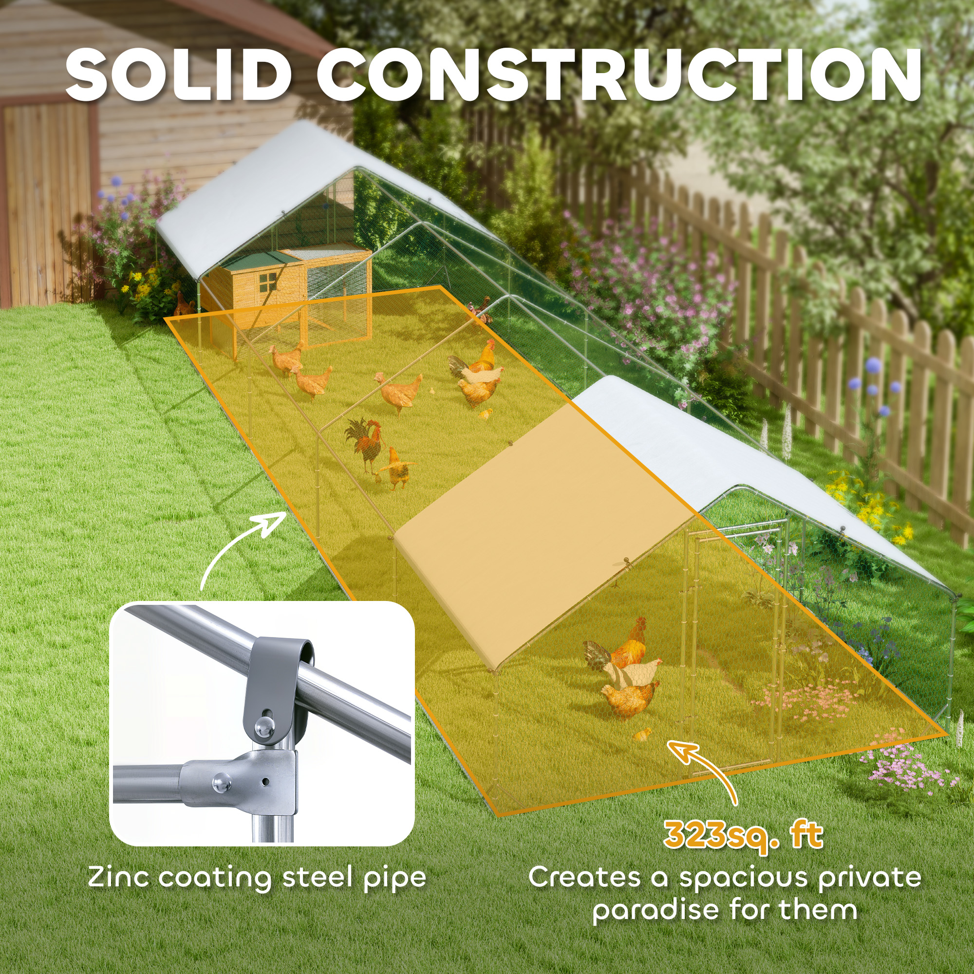 Metal Chicken Coop with Water & UV Protection Cover for Backyard Hen, Duck, Rabbit, 9.8' x 32.8' x 6.4'