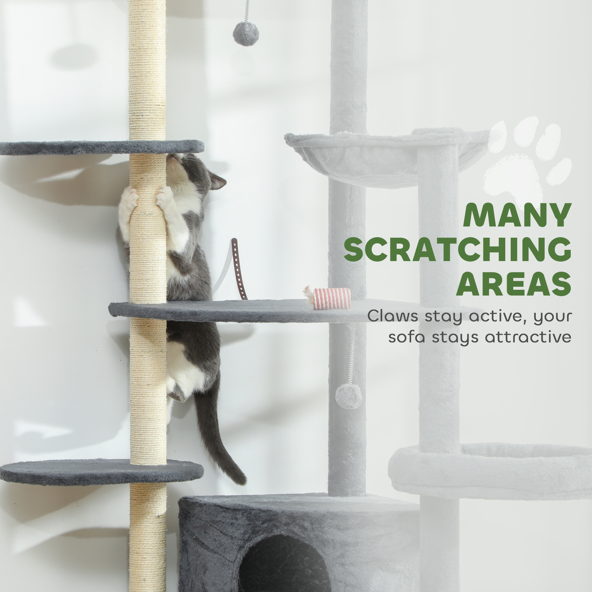 79" Extra Tall Cat Tree with Scratching Posts, Perches, Caves, Hammock, Pompoms, for 2-3 Indoor Cats, Dark Grey - Image 7