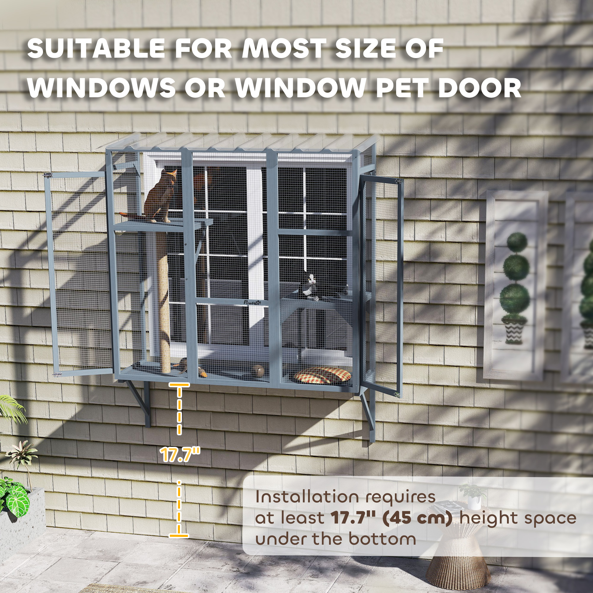 Wooden Catio Outdoor, Cat Window Box Enclosure for 2-3 Large Cats with 2 Jumping Platforms & Scratching Post, Grey - Image 7