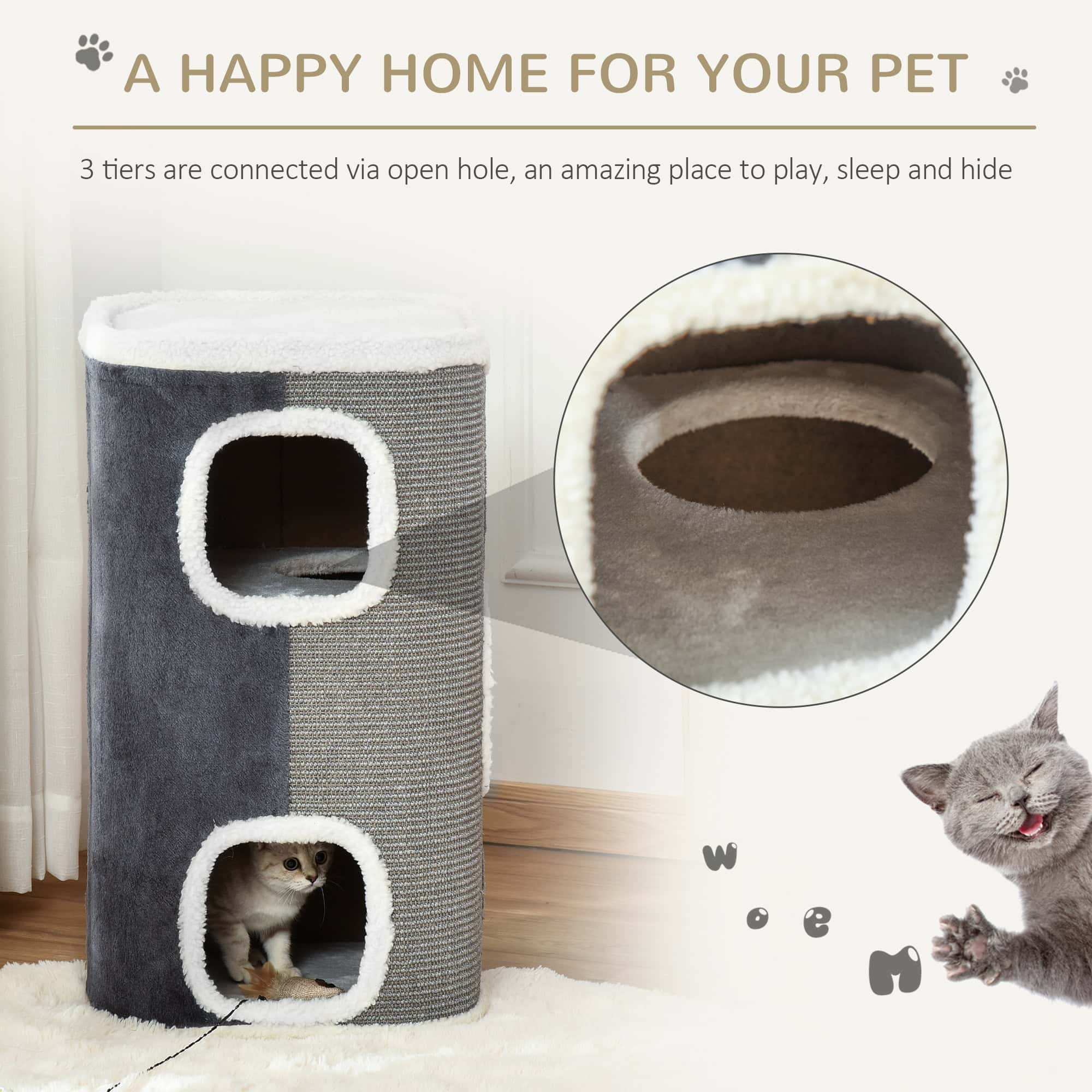 4-Story Cat House for Indoor, Cat Condo with Sisal Scratching Surface, Removable Cushion, 16" x 16" x 29", Grey