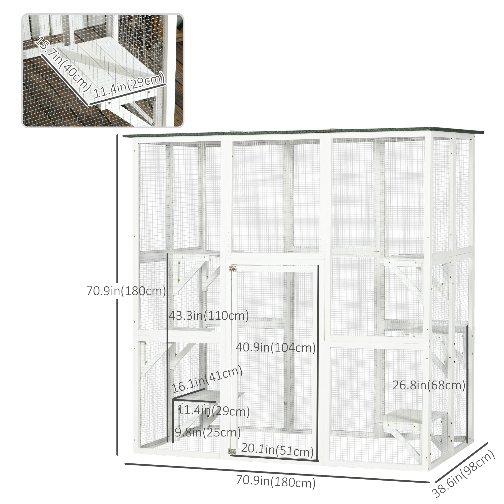 Large Outdoor Catio Enclosure, Wooden Cat Patio with 6 Balanced Platforms and Asphalt Roof, 70.9" x 38.6" x 70.9", White