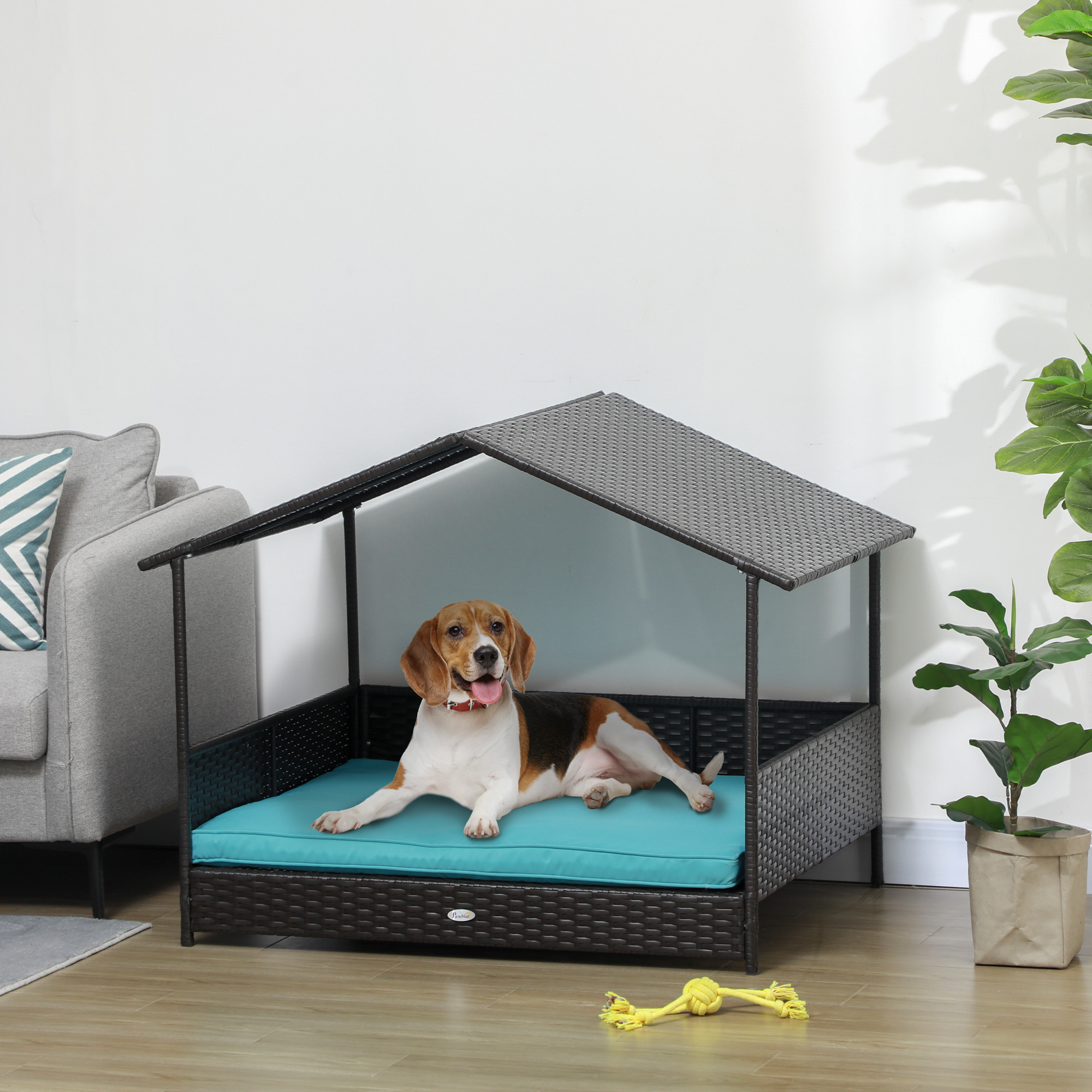 Rattan Dog House with Canopy, Wicker Dog Bed with Water-Resistant Cushion, for Small and Medium Breeds Blue