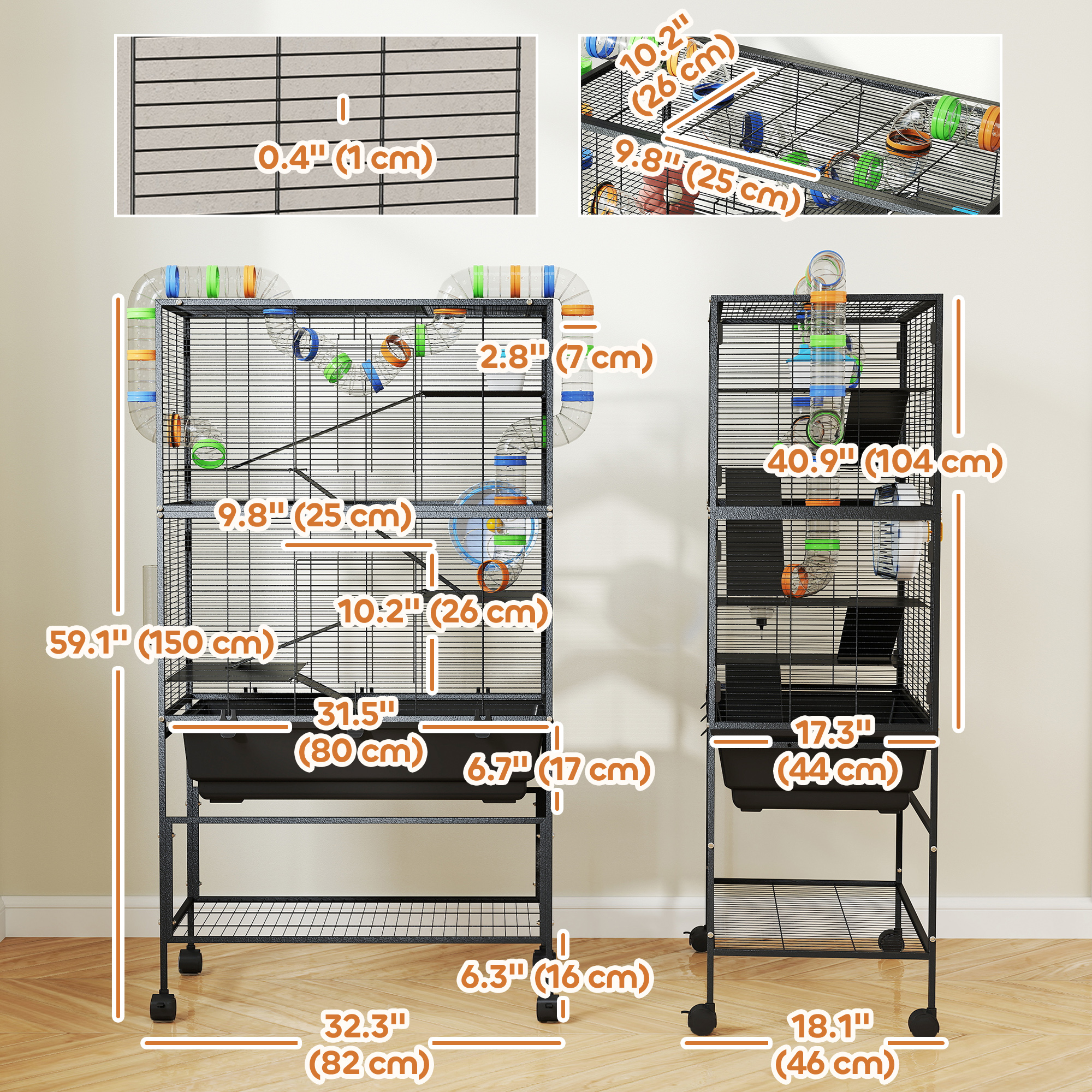 5 Tier Rolling Hamster Cage with 7" Deep Tray, Storage Shelf, Big Exercise Wheel, Tube System, for Syrian, Gerbil, Rat