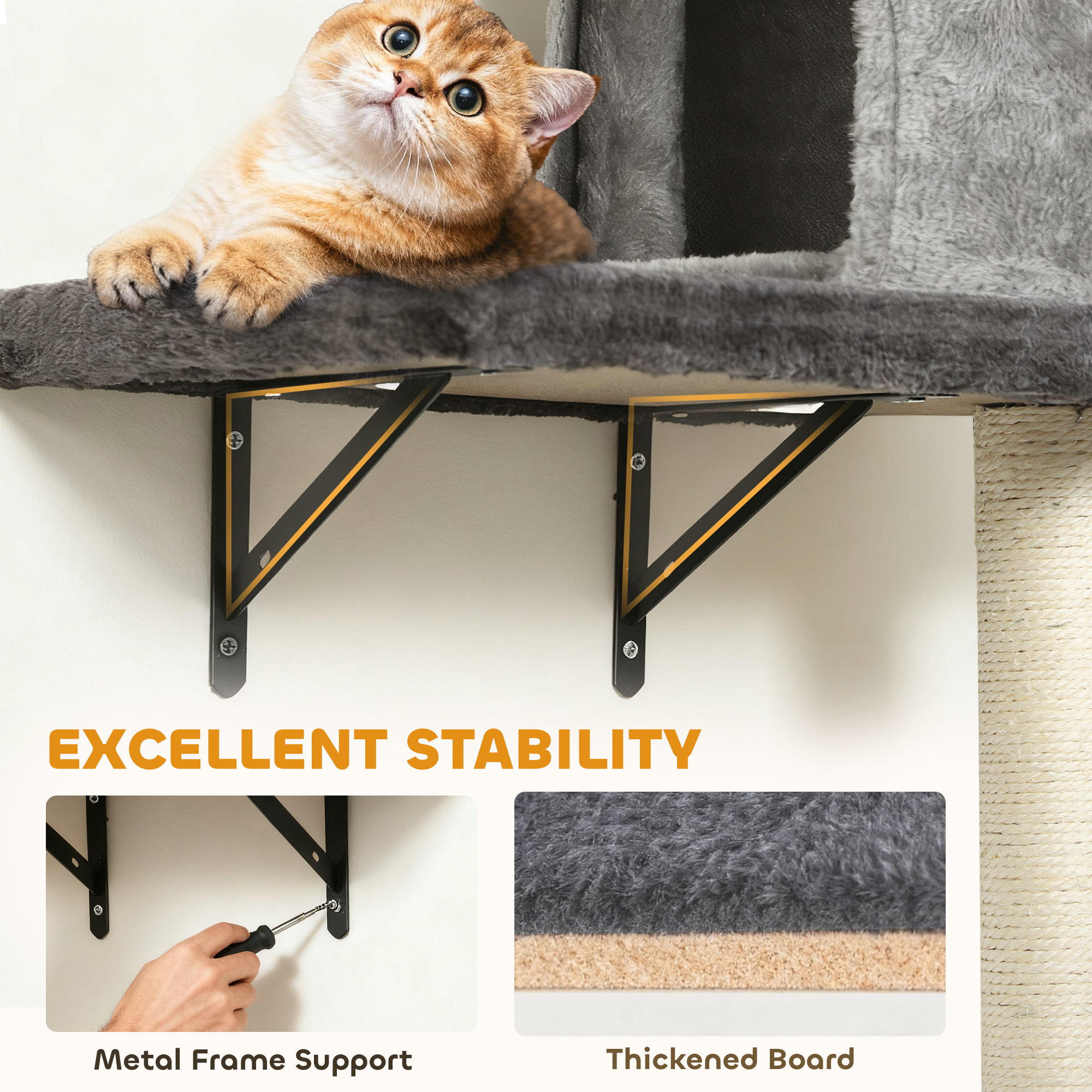 4Pcs Cat Wall Shelves with Scratching Post & Pad, Condo, Hammock, Bed, Step, Hanging Pompoms, Perches