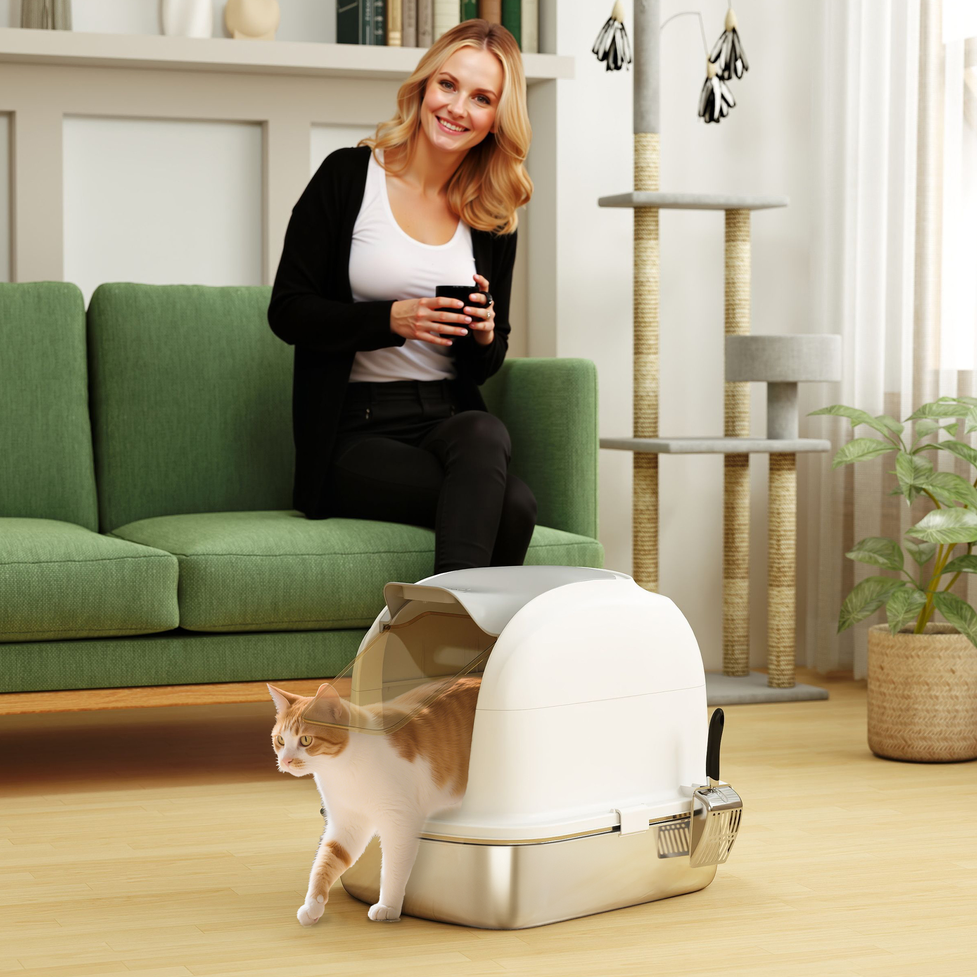 Large Stainless Steel Cat Litter Box with Lid, Enclosed Cat Litter Box with Flip Cover, Scoop