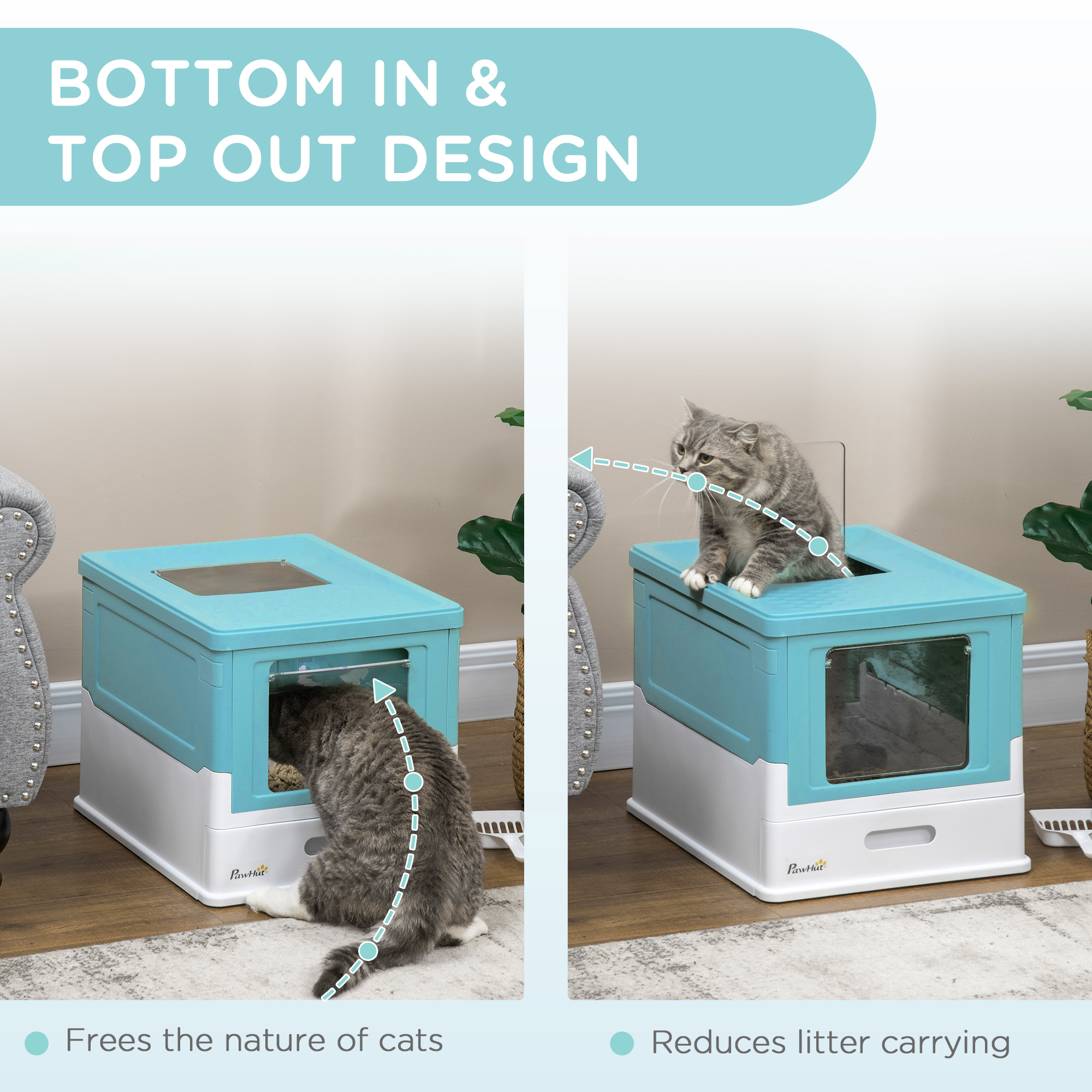 Top Entry Enclosed Kitty Litter Box with Scoop, Tray, Front Entry, Large Space, Foldable, Portable, Blue