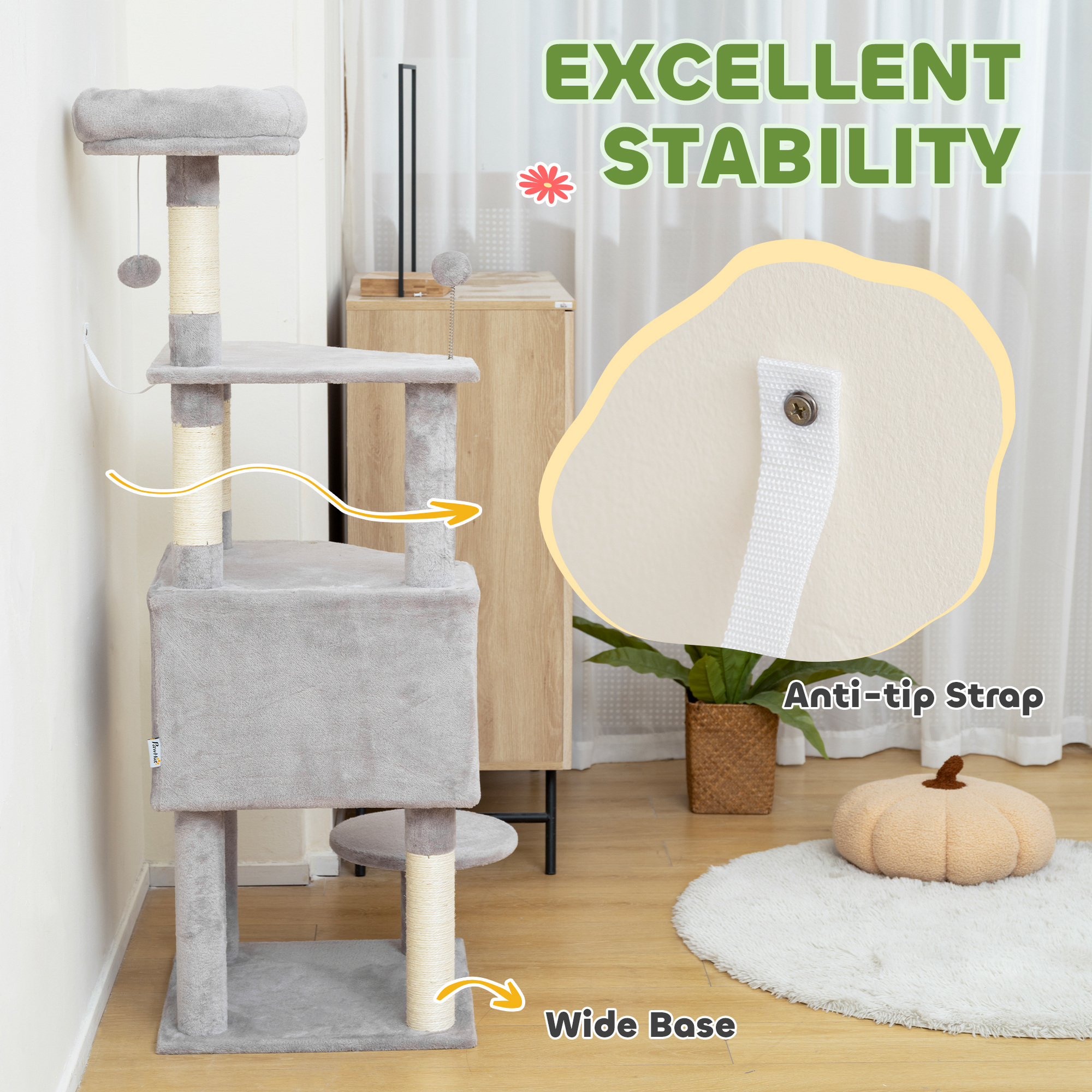 54 Inch Cat Tree with Large Condo, Top Perch, Sisal Scratching Posts, Dangling Toy Ball,Light Grey - Image 7