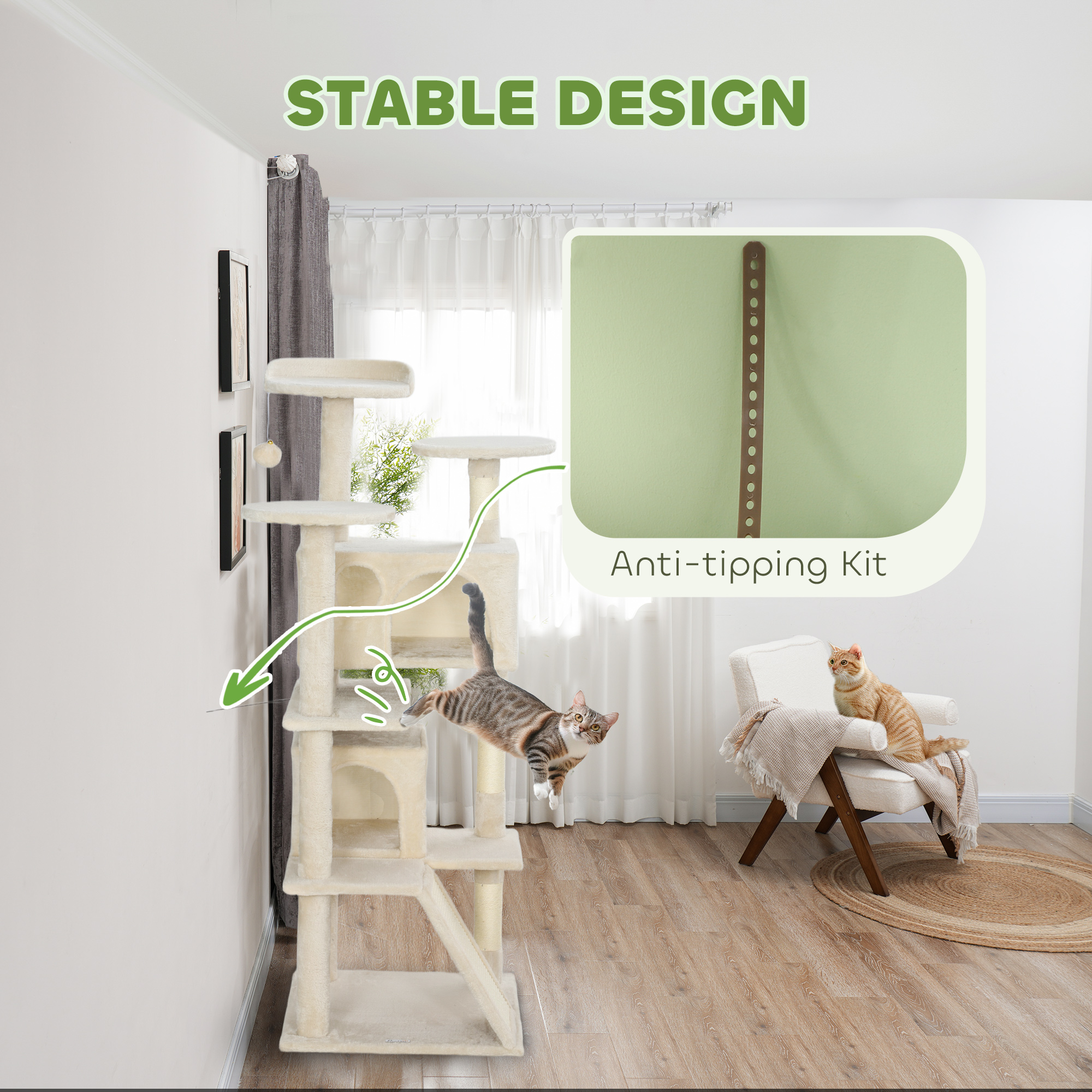 54" Cat Tree, Multi-Level Cat Tower with Scratching Posts, Cat Condos, Bed, Platforms, Ramp, Toy Ball, Beige